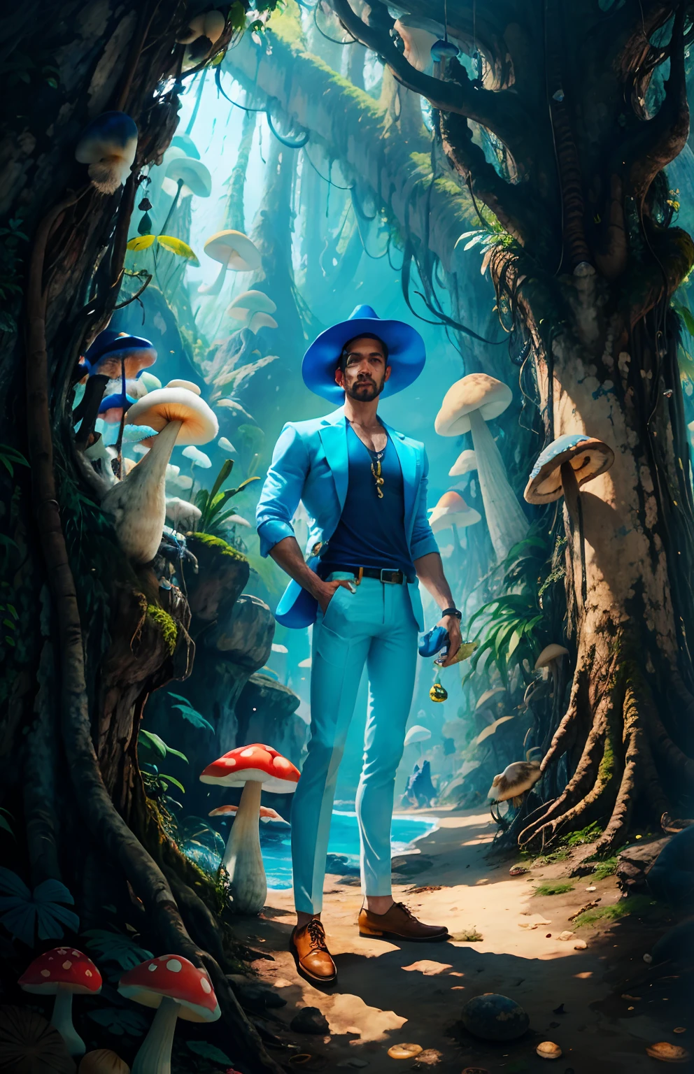 Homem com cara de gato, top of mushroom head, Mushroom shaped hat, corpo pintado de azul, - Corpo todo azul, sem camisa, white pant, segurando uma vara com um caracol na ponta, imagem alta qualidade, 8k UHD, floresta, 35mm camera, looking at the camera, corpo totalmente pintado de azul, white pants, Spit in hand with a spiky snail on the tip