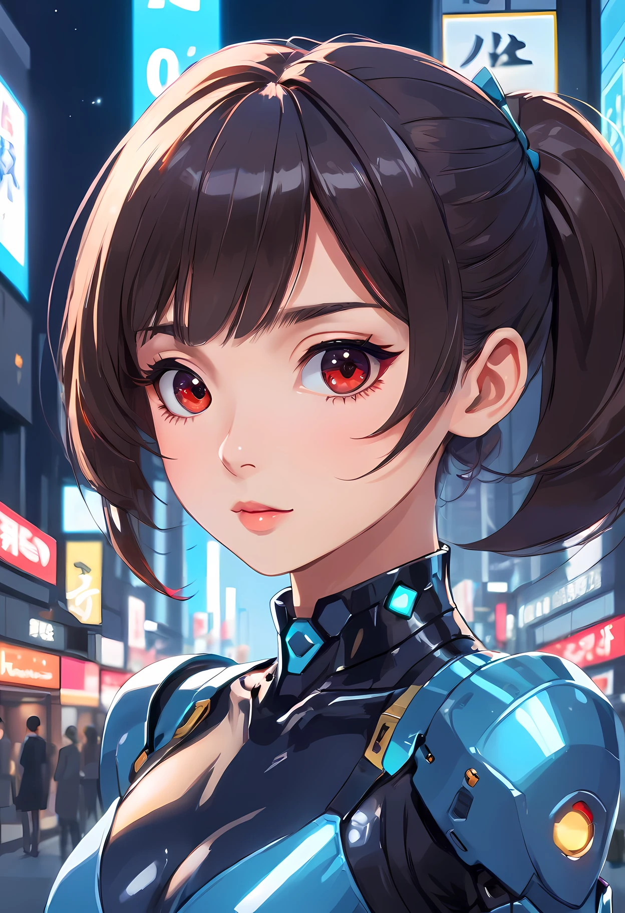 (1mecha girl:1.3, solo), (Audrey Hepburn:1.3), (a extremely pretty and beautiful Japanese cyborg girl), (sexy girl), (professional attire:1.3), (22 years old: 1.1), (walking on red carpet:1.3), (attractive random posing:1.3), (in the night royal party:1.3), (looking straight at you:1.3), (starring at you:1.3), (front view:1.3), (from side:1.3), break, (ponytail:1.3), (shiny-black thin hair:1.2), bangs, dark brown eyes, beautiful eyes, princess eyes, (big eyes:1.3), bangs, wearing a glasses:1.3, Hair between eyes, short hair:1.3, (slender:1.1), (small-medium-breasts:0.95), (thin waist: 1.15), (detailed beautiful girl: 1.4), Parted lips, Red lips, full-make-up face, (shiny skin), ((Perfect Female Body)), (upper body image:1.3), Perfect Anatomy, Perfect Proportions, (most beautiful Korean actress face:1.3, extremely cute and beautiful Japanese actress face:1.3), BREAK, (View viewer, wearing a lovely bitch cordinate, (insanely detailed cyborg bodysuit:1.3), (blue mechanical armor:1.3), (pin-heels:1.3), detailed clothes, BREAK, (detailed royal night party background:1.2), (dark background), (Studio soft lighting: 1.3), (fake lights: 1.3), (backlight: 1.3), BREAK, (Realistic, Photorealistic: 1.37), (Masterpiece, Best Quality: 1.2), (Ultra High Resolution: 1.2), (RAW Photo: 1.2), (Sharp Focus: 1.3), (Face Focus: 1.2), (Ultra Detailed CG Unified 8k Wallpaper: 1.2), (Beautiful Skin: 1.2), (pale Skin: 1.3), (Hyper Sharp Focus: 1.5), (Ultra Sharp Focus: 1.5), (Beautiful pretty face: 1.3), (super detailed background, detail background: 1.3), Ultra Realistic Photo, Hyper Sharp Image, Hyper Detail Image,