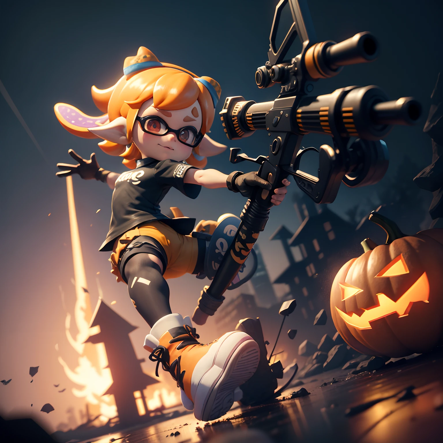 Splatoon、3D Graphics、unrealengine、hiquality、ighly detailed、Holding the bow with the left hand、Halloween Cosplay