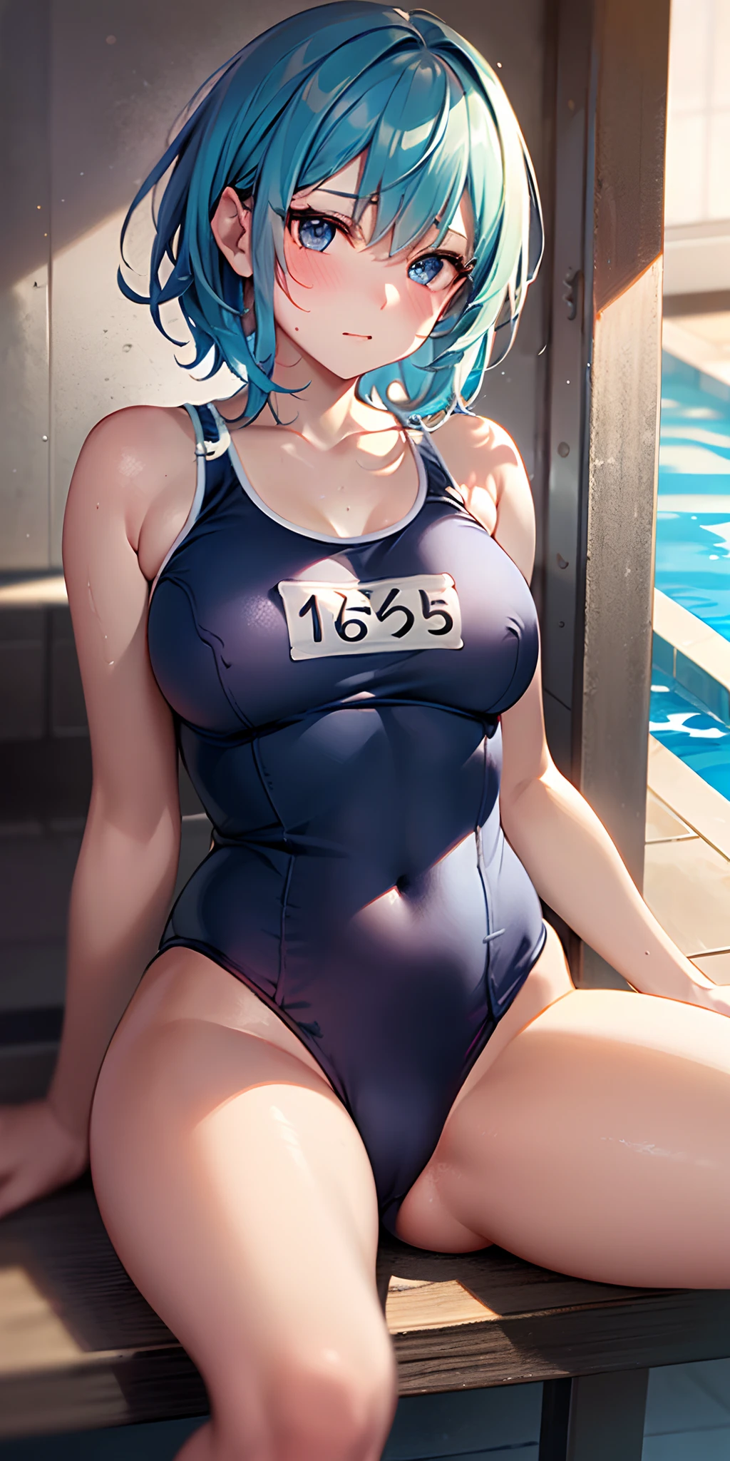 (Unity 16K Wallpaper, masutepiece, Best Quality, Ultra-detailed, extremely details CG, Caustics, Cinematic lighting, Detailed, Beautiful detailed eyes, Solo,Pool side),Ultra High Resolution, Fine skin、A sexy,NSFW,(School Swimsuit:1.3), small tits,14years、Blue eyes、Perm Hair, Red cheeks, embarrassed from,Sitting, Spread legs wide, a pixie cut,blue hairs
