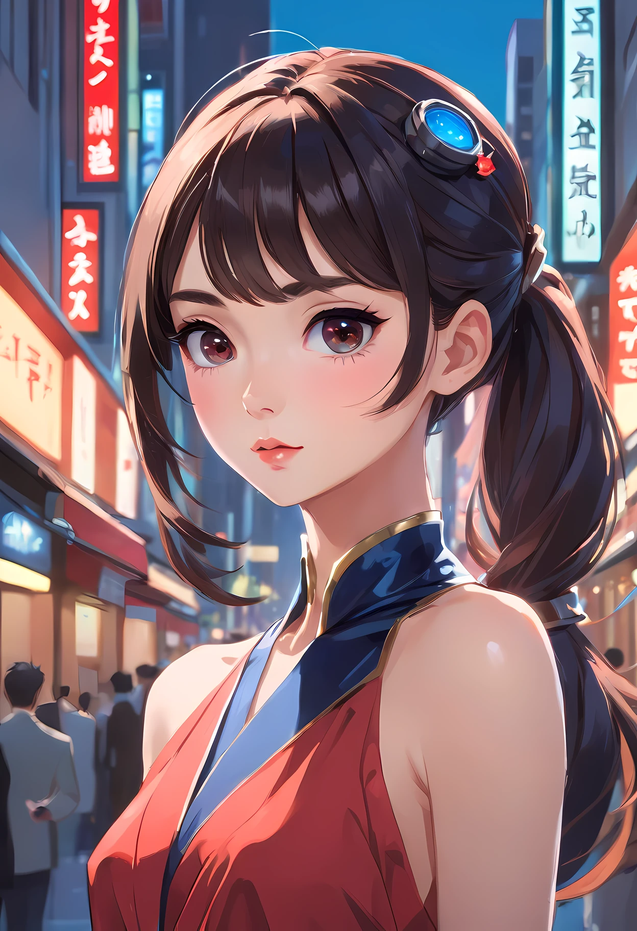 (1mecha girl:1.3, solo), (Audrey Hepburn:1.3), (a extremely pretty and beautiful Japanese cyborg girl), (sexy girl), (professional attire:1.3), (22 years old: 1.1), (walking on red carpet:1.3), (attractive random posing:1.3), (in the night royal party:1.3), (looking straight at you:1.3), (starring at you:1.3), (front view:1.3), (from side:1.3), break, (ponytail:1.3), (shiny-black thin hair:1.2), bangs, dark brown eyes, beautiful eyes, princess eyes, (big eyes:1.3), bangs, wearing a glasses:1.3, Hair between eyes, short hair:1.3, (slender:1.1), (small-medium-breasts:0.95), (thin waist: 1.15), (detailed beautiful girl: 1.4), Parted lips, Red lips, full-make-up face, (shiny skin), ((Perfect Female Body)), (upper body image:1.3), Perfect Anatomy, Perfect Proportions, (most beautiful Korean actress face:1.3, extremely cute and beautiful Japanese actress face:1.3), BREAK, (View viewer, wearing a lovely bitch cordinate, (insanely detailed cyborg bodysuit:1.3), (blue mechanical armor:1.3), (pin-heels:1.3), detailed clothes, BREAK, (detailed royal night party background:1.2), (dark background), (Studio soft lighting: 1.3), (fake lights: 1.3), (backlight: 1.3), BREAK, (Realistic, Photorealistic: 1.37), (Masterpiece, Best Quality: 1.2), (Ultra High Resolution: 1.2), (RAW Photo: 1.2), (Sharp Focus: 1.3), (Face Focus: 1.2), (Ultra Detailed CG Unified 8k Wallpaper: 1.2), (Beautiful Skin: 1.2), (pale Skin: 1.3), (Hyper Sharp Focus: 1.5), (Ultra Sharp Focus: 1.5), (Beautiful pretty face: 1.3), (super detailed background, detail background: 1.3), Ultra Realistic Photo, Hyper Sharp Image, Hyper Detail Image,