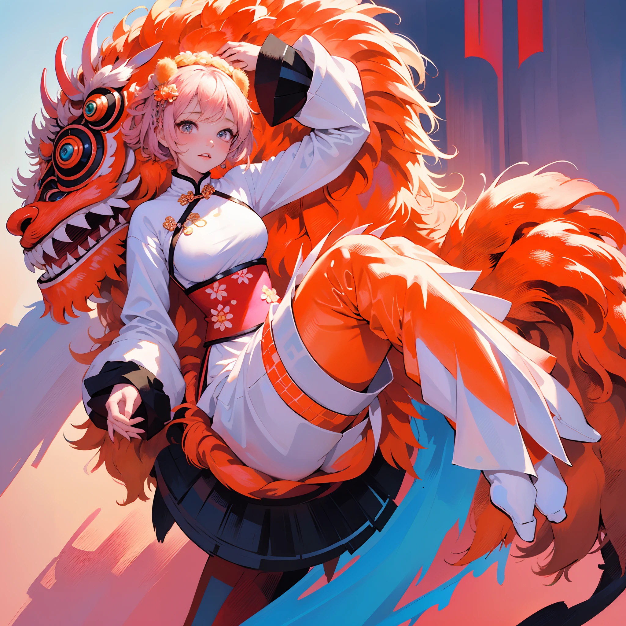 ，masterpiece, best quality，8k, ultra highres，超高分辨率，the Lion，lion dance，1girll，Visually stunning，big breasts beautiful，Evocative，Emotional，colored sclera，light pink colored hair，Cyberpunk fantasy，exhilarated，art noveau，chromatic aberration abuse，tmasterpiece，Gorgeous face、dynamicposes、aethereal、mistic、Splash dripping、Paper texture、perfectly shaded、dramatic  lighting。Artwork should be centralized、Stylized and well-crafted