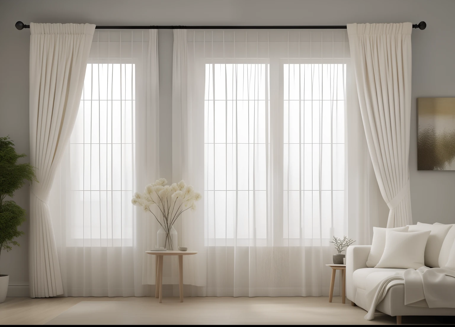 thick curtains, large curtain, photo, creamy white, interior, modern, (masterpiece),(high quality), best quality, real, (realistic), super detailed, (full detail),(4k),8k