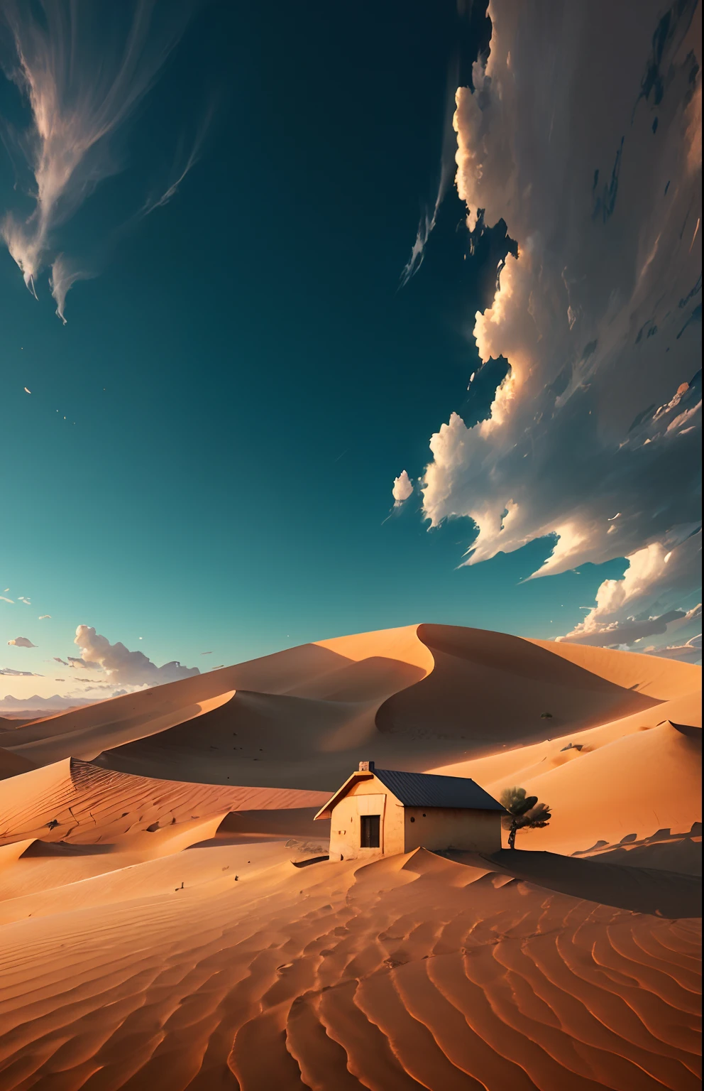 An absolutely mesmerizing sunset over the desert, with a mixture of oranges, pinks and yellows filling the sky. The sand dunes run along the horizon,a small house in the middle of the desertconcept, (best quality, masterpeace), (perfect composition), the golden ratio,
Desert Dunes: An incredible panorama of the undulating dunes of a desert landscape, with a deep blue sky above and the sun casting dramatic shadows across the landscape,
, hdr , cinematic, trend in artstation, trend in CGSociety, immense details,dog sitting in front of the house,, --auto --s2
