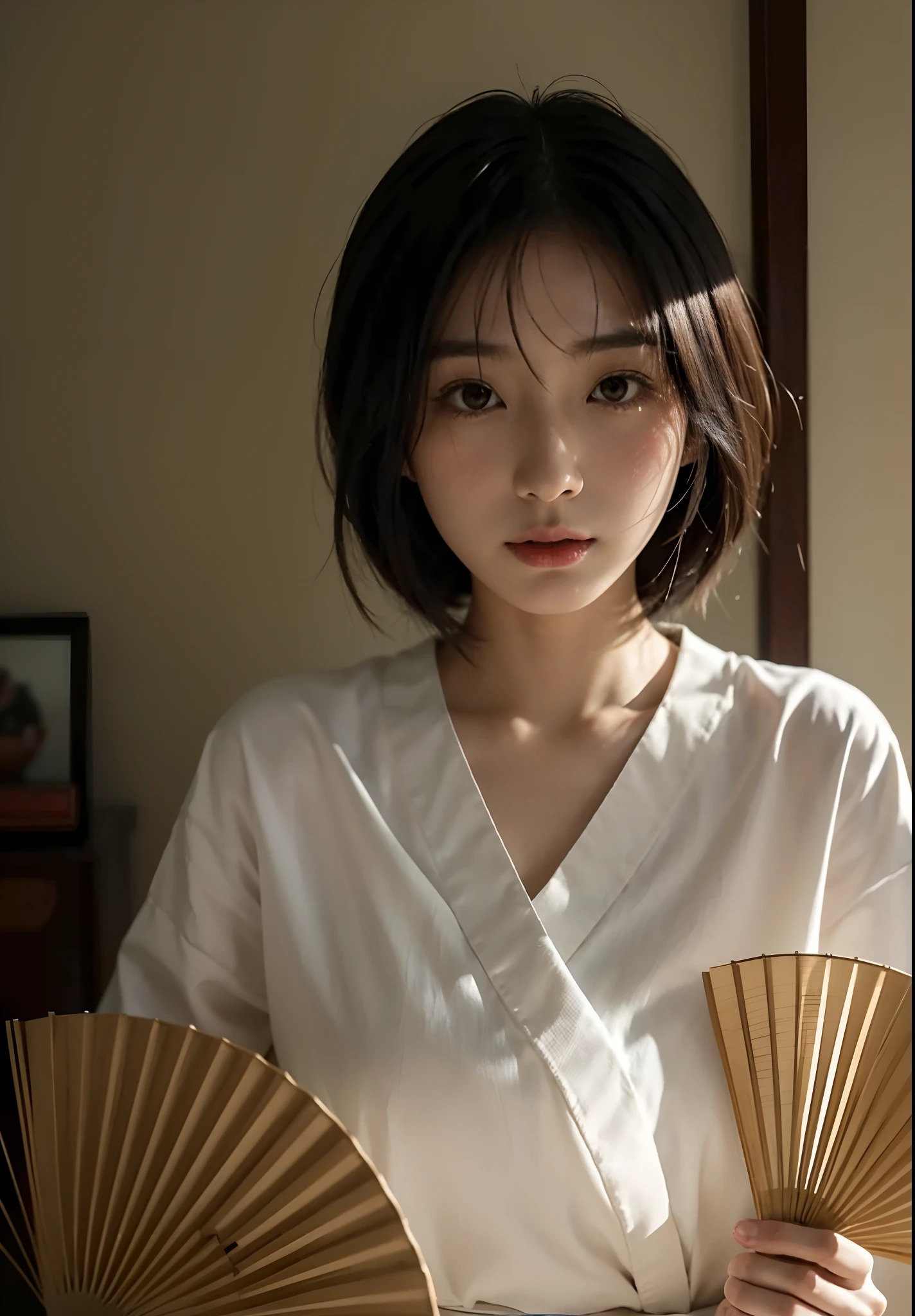 there is a woman that is standing in front of a fan, a young asian woman, portrait of a japanese teen, portrait of a japanese girl, young asian woman, kazue kato, yuuka kazami, young asian girl, an asian woman, 奈良美智, portrait of female korean idol, nishimiya shouko