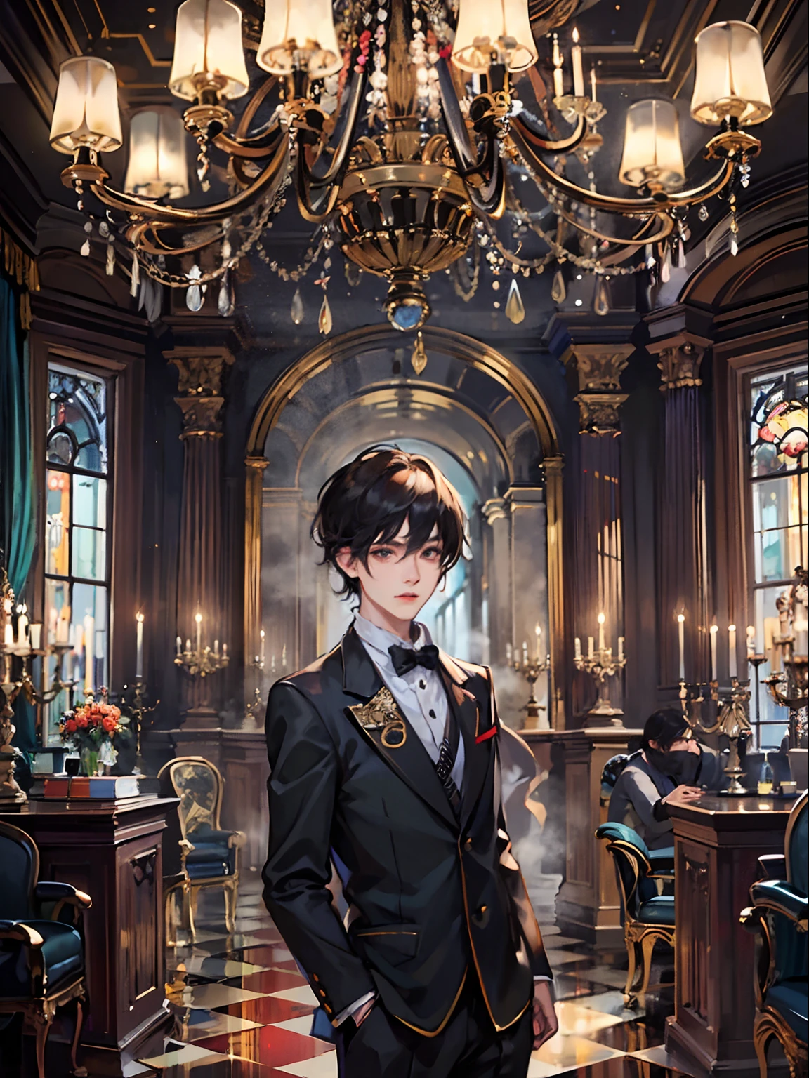 1boy,11 only、(Man's :2),(bobhair:1.5)、A dark-haired、Naked tuxedo、Inside a luxurious Western-style building、Luxurious chandeliers、Vibrant lighting、hightquality、masutepiece,8K,hight resolution、