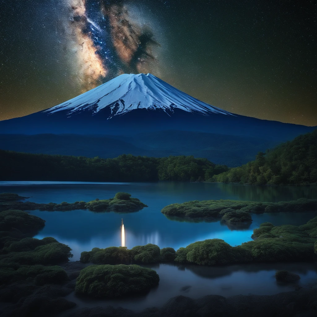 Master Parts、Superior Quality、superior image quality、The 8k quality、、Beautiful pictures of the starry sky、magnifica、Arched Milky Way:1.9、Mt fuji、Blue glowing lake surface
