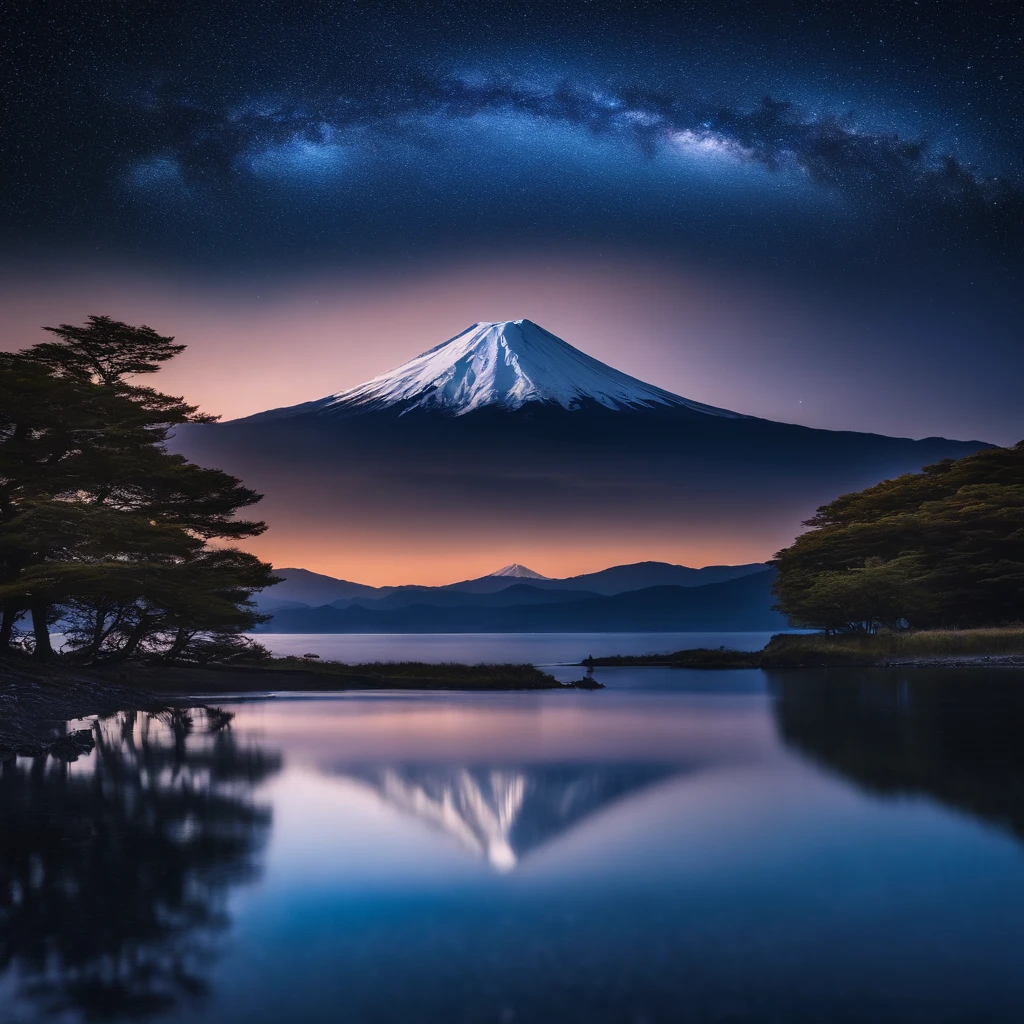 Master Parts、Superior Quality、superior image quality、The 8k quality、、Beautiful pictures of the starry sky、magnifica、Arched Milky Way:1.9、Mt fuji、Blue glowing lake surface