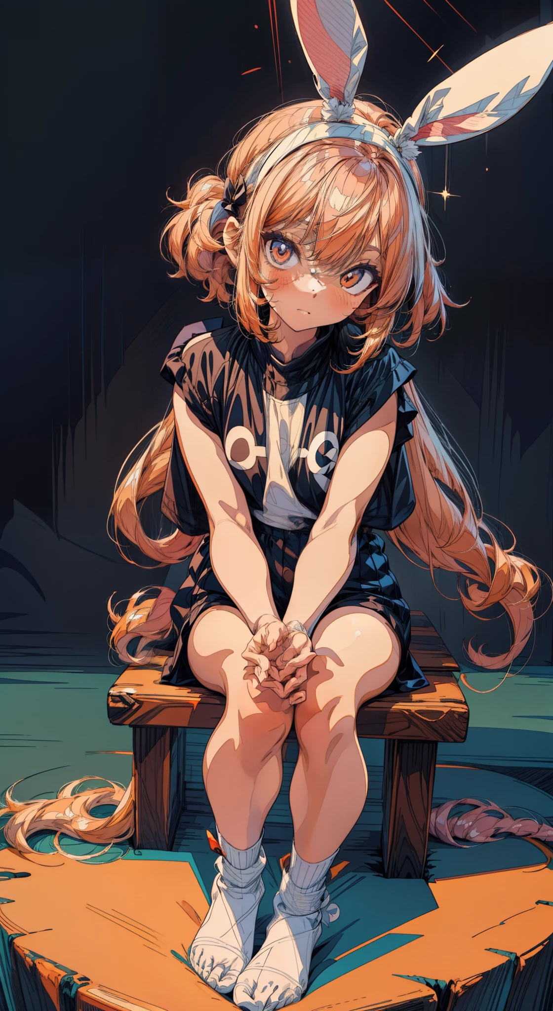 (Best Quality,1 girl,Full body illustration,Simple background),(From head to toe), Shy and cute face, Peach-colored hair,Cute bangs between eyes, Rabbit on the head, bunny, Petite girl, Long hair, Calm eyes, Black sexy clothes, T-shirt, Very short shorts, plump thighs, lowfers, Hands on knees, cross-legs sitting