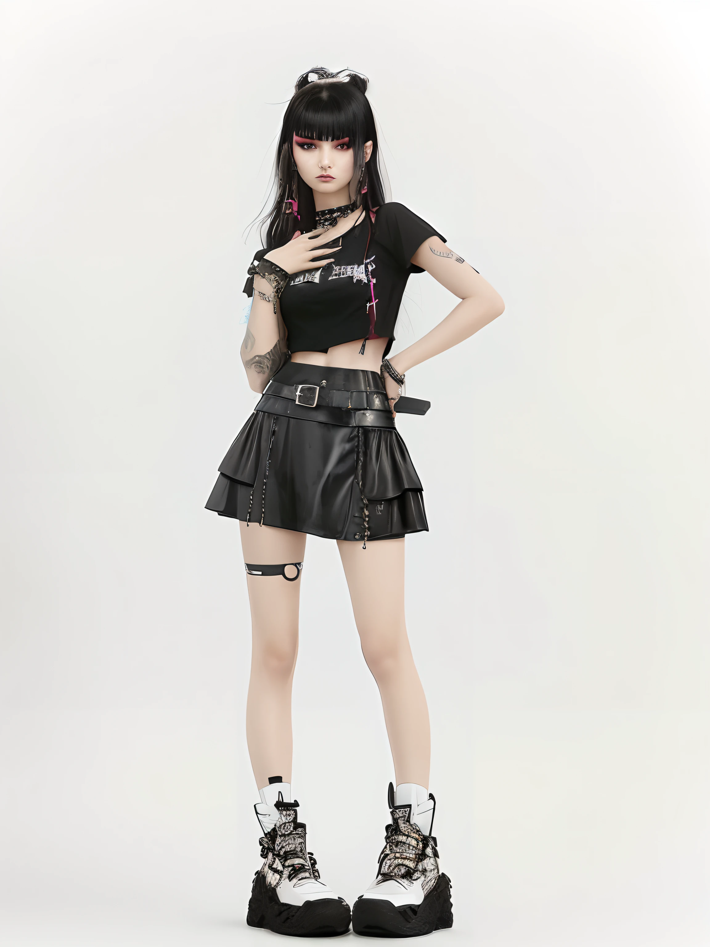 Arapefi girl posing for photo in black blouse and black dress, punk rock clothes, with ripped crop t - shirt, all black cyberpunk clothes, goth punk clothes, punky style, punk clothing, cyberpunk style outfit, black leather slim clothes, wearing modern gothic clothes, cruel korean goth girl, dressed in punk clothing, Sexy style, Cyberpunk costumes