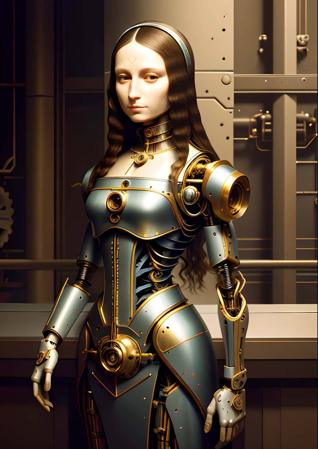 masterpiece, highest quality, high quality, highly detailed CG unit 8k wallpaper, award winning photo, bokeh, depth of field, HDR, flood, chromatic aberration, realistic, very detailed, art station trend, CGsociety trend, complex, high detail, dramatic, painting art, volumetric lighting, canvas, Portrait Mona Lisa by Leonardo da Vinci as a cybernetic robot, aristocracy dress, cybernetic arm,mechanical body, bust up, cables on face, mecha, portrait, mechanical arms, cable join, ((visible cable joint)) , mechanical neck, ((gear)), mechanical hand, robotic skin,