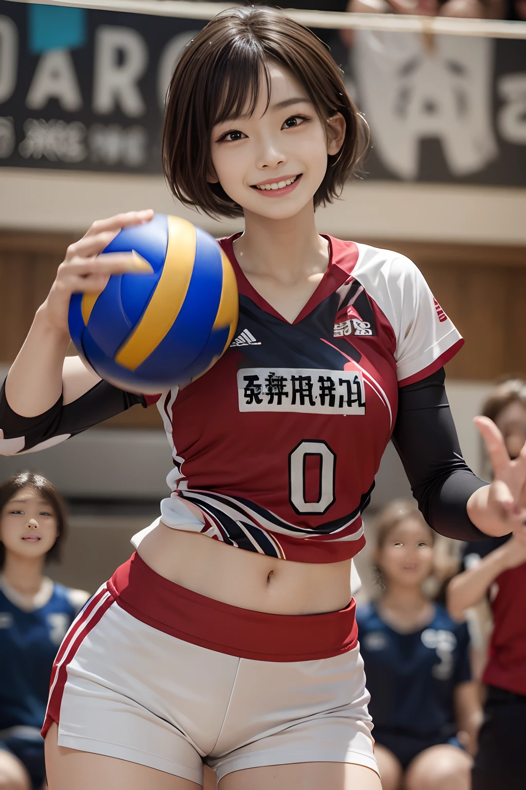 8K,Volleyball player、A Japanese Lady、Japan Team、Smile full of happiness、((Looks happy:1.3))、Panting face、Lacking、Sweating、Expression in a state of excitement、short-hair、eye glass、8K,Volleyball player、A Japanese Lady、Japan Team