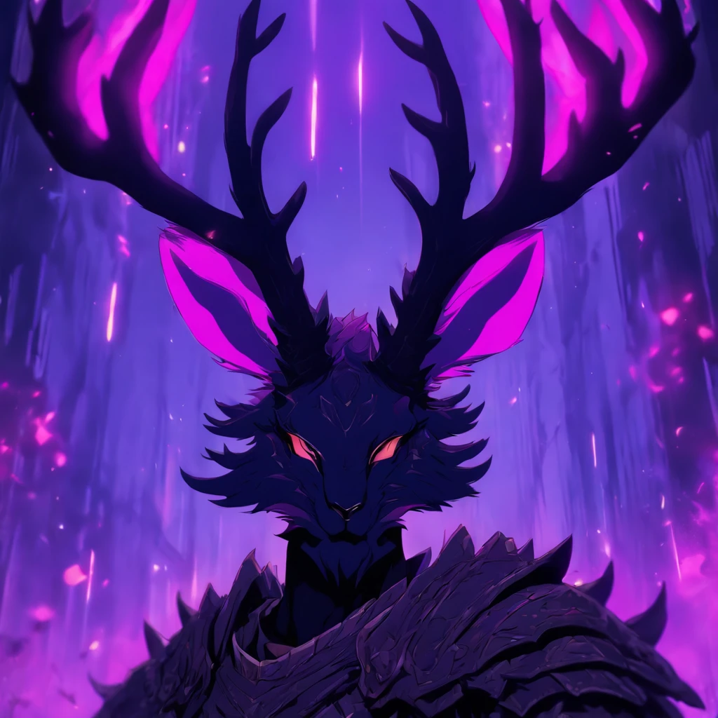 Knight Jackalope, short purple hair, jackalope antlers, dark armor(masterpiece, best quality)