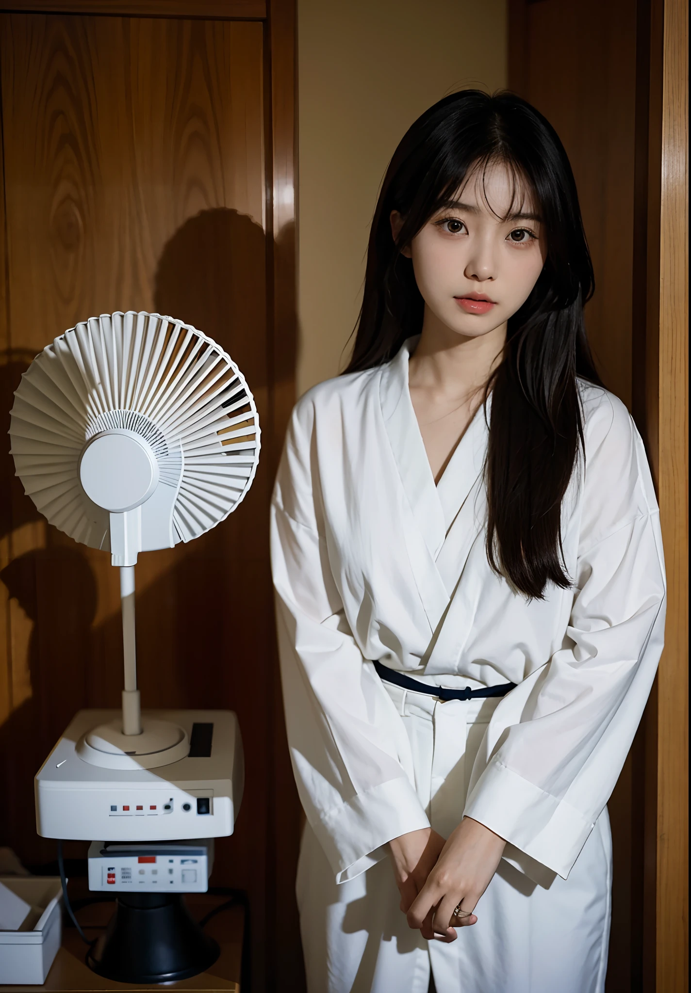 there is a woman that is standing in front of a fan, a young asian woman, portrait of a japanese , portrait of a japanese girl, young asian woman, kazue kato, yuuka kazami, young asian girl, an asian woman, 奈良美智, portrait of female korean idol, nishimiya shouko