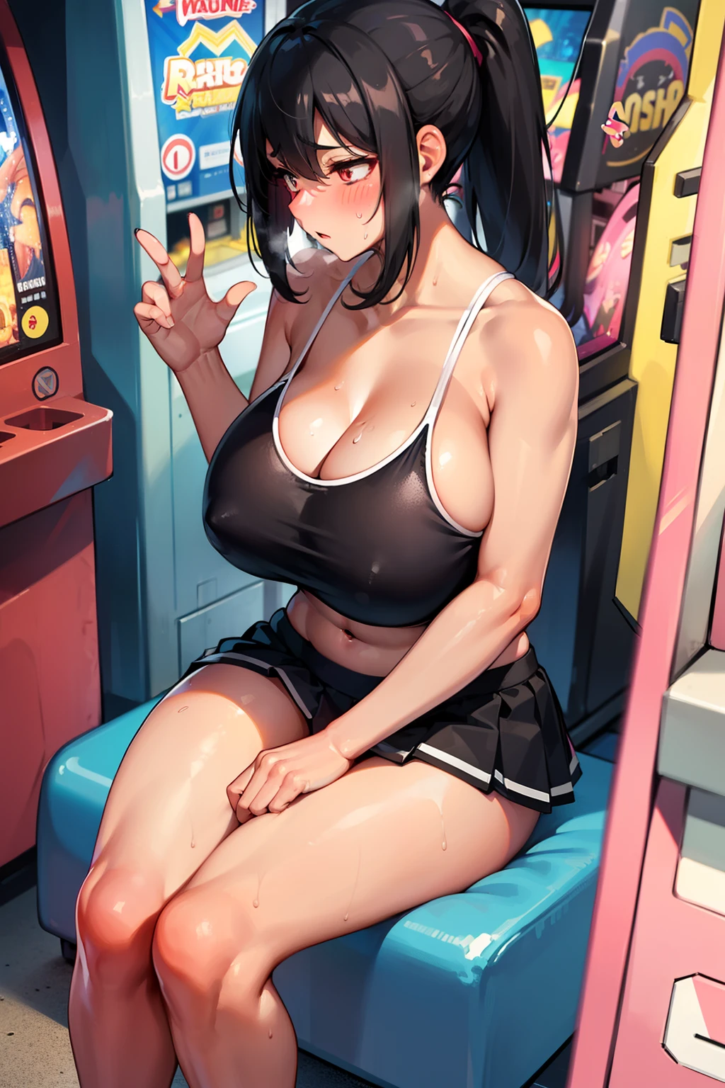 hot, sweating, sweaty, slight tan, big boobs, tan skin, black hair, ponytail, flustered, blush, in arcade, playing arcade games, playing dancing game, dancing, arcade, at the arcade, skirt, casual wear, sitting, sitting on ground, tired