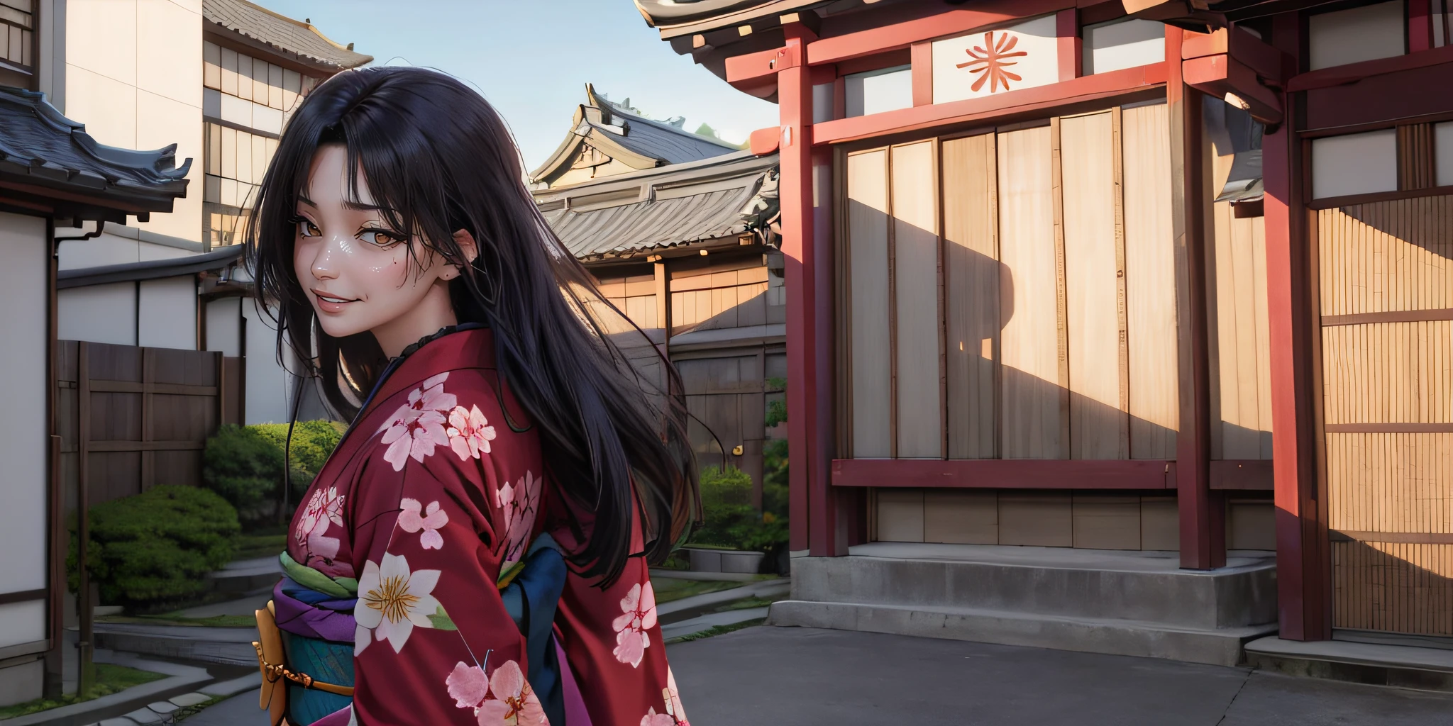 kimono, japanese_clothes, 1girl, floral_print, long_hair, solo, sash, looking_at_viewer, obi, black_hair, looking_back, outdoors, standing, bangs, building, day, red_kimono, from_behind, east_asian_architecture, wide_sleeves, architecture, lips, purple_eyes