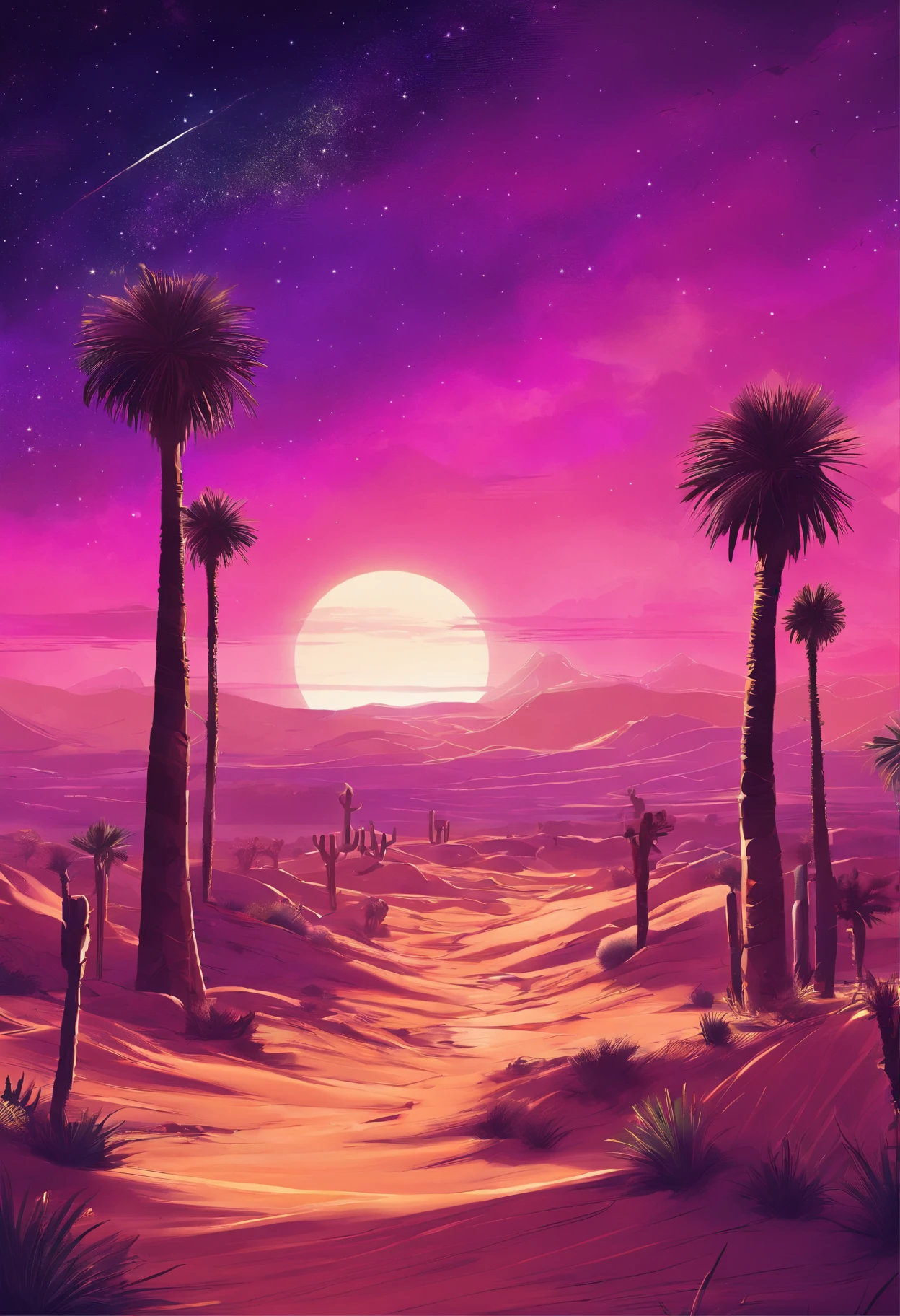 Desert in the background,Purple night starry sky,with the sky full of stars,ancient Egyptian,digital landscape art, Detailed scenery —width 672, landscape artwork, environment design illustration, scenery art detailed, Desert oasis landscape, concept-art, 4k highly detailed digital art, 4 k digital painting, 4k digital painting, stunning digital illustration, Desert background, digital painting concept art, Detailed digital painting