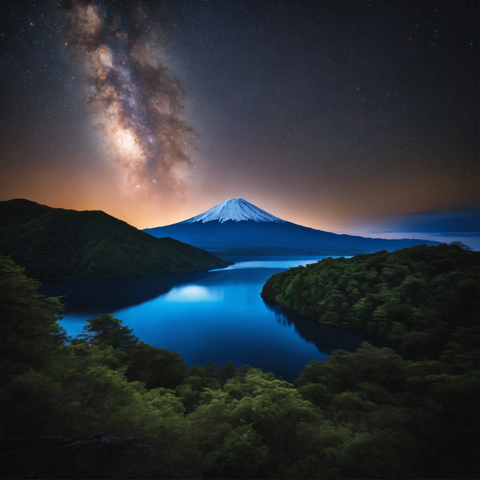 Master Parts、Superior Quality、superior image quality、The 8k quality、、Beautiful pictures of the starry sky、magnifica、Arched Milky Way:1.9、Mt fuji、Blue glowing lake surface