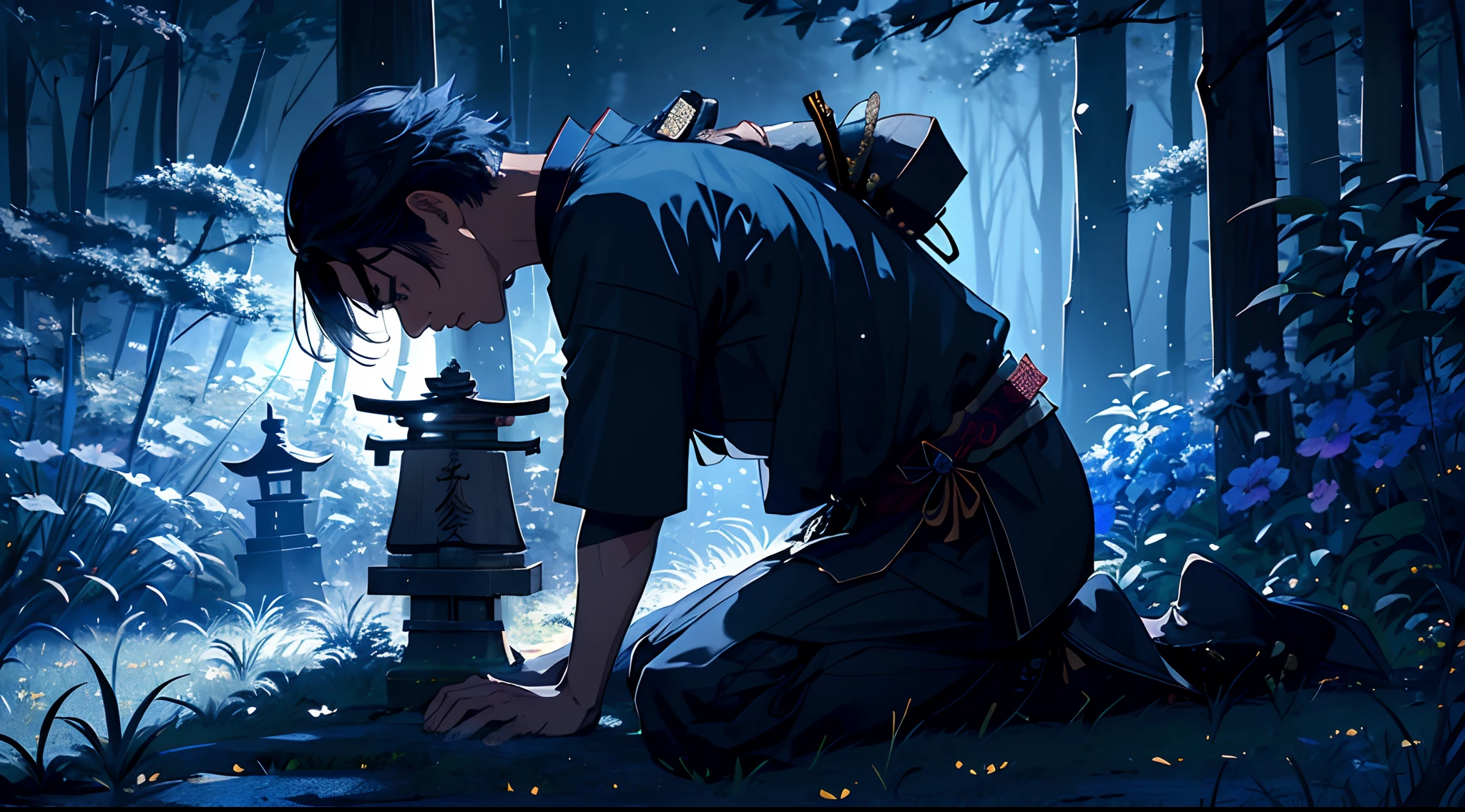 1Male samurai,late at night,ghost,weeds emitting blue light,equinox flower,firefly,a dim atmosphere,(and its rich details:1.3),strong contrast,hard shadow,smoke,strong breeze,petal,particle,mourning for a dead,kneeling down, Japanese samurai armor,ancient chinese xiake,simple wooden tombstone,kneeling with his sword
