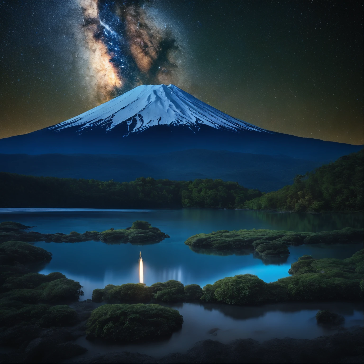 Master Parts、Superior Quality、superior image quality、The 8k quality、、Beautiful pictures of the starry sky、magnifica、Arched Milky Way:1.9、Mt fuji、Blue glowing lake surface