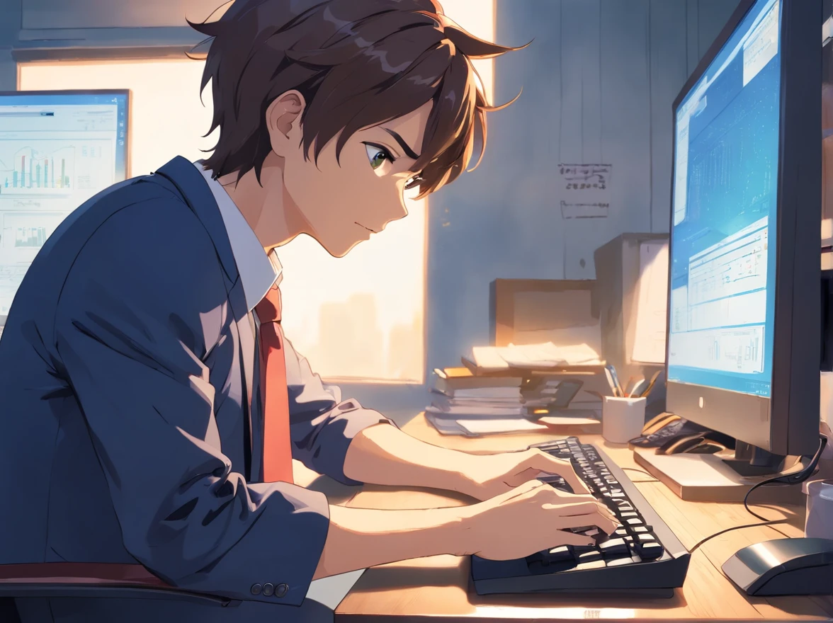 (japanes:1.2),Detailed view of man in suit, Typing on a computer at a desk,Messy youth room, .weakened face