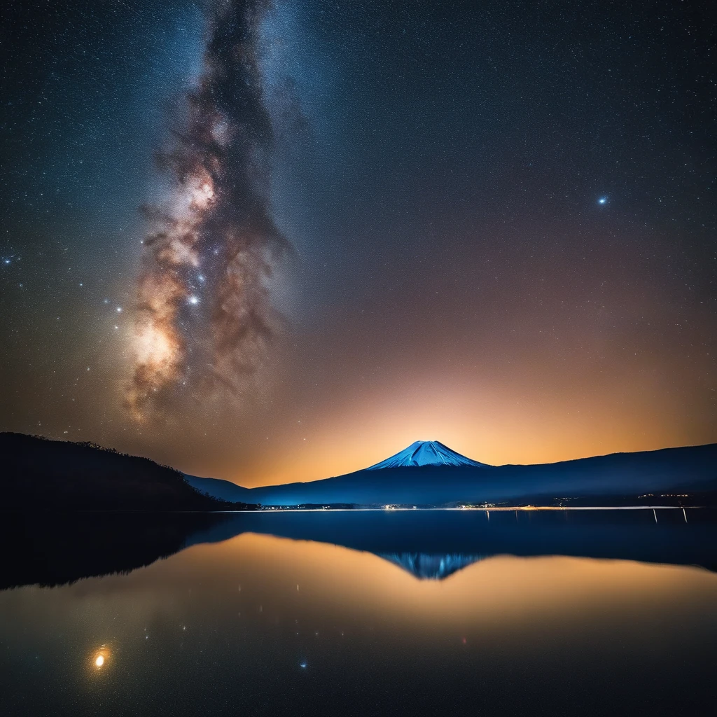 Master Parts、Superior Quality、superior image quality、The 8k quality、、Beautiful pictures of the starry sky、magnifica、Arched Milky Way:1.9、Mt fuji、Blue surface of the lake