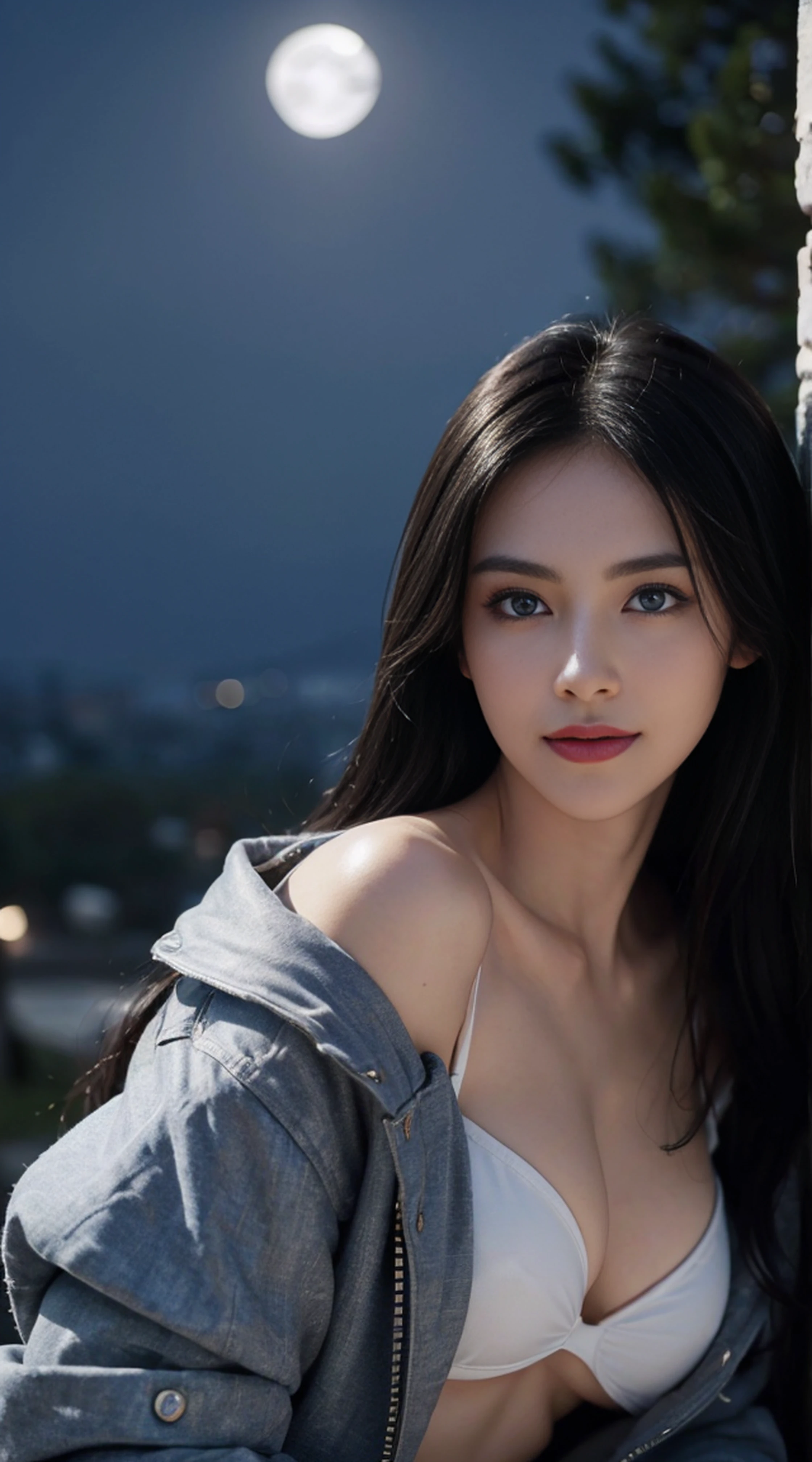 8K, Top Quality, Intricate Details, Ultra Detail, Ultra High Resolution, Masterpiece, random angle, Slender, Smile, (Makeup: 0.4), (Fluffy Blue Eyes: 1.21), blue Eyes,, ((full body)), 1girl, solo, 1 girl, (( full body)), close-up shot, open leg , ((tall)), (((fit body))), (((slim face))), sharp face, sharp eyes, (((black hair, long hair, )) (detailed face), sharp face, small lips, thin lips, tits ,
(( mini jacket)), underboobs, detailed face, detailed breast, , large breast, detail, , Beautiful girl with accentuated slender abs: 1.4, Six Pack Abs: 1.4, Bust Botox, Big, Perfect Body, detail leg, (( moonlight)), top of mountain