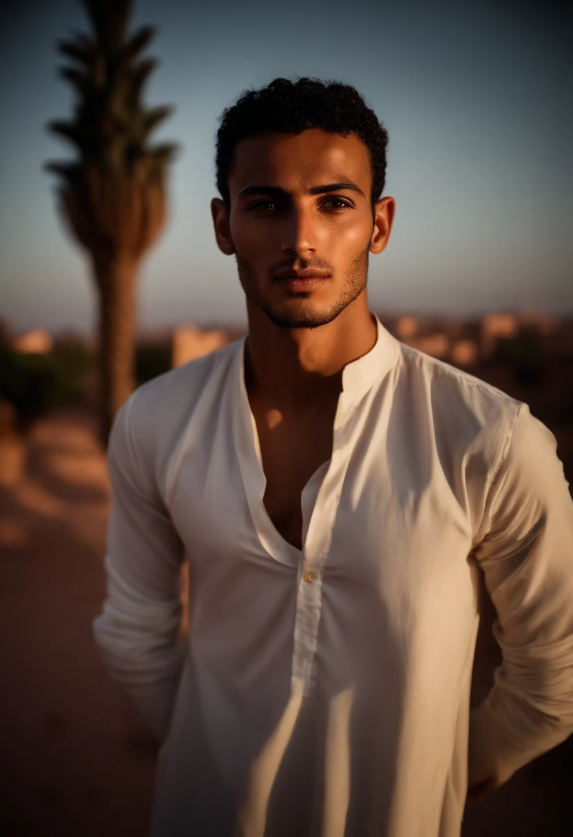 Gagnant du World Press Photo, (award-winning photograph:1.3), (homme marocain moderne, beau visage, Un gars de 23 ans, Couleur marocaine, Typically Moroccan male characteristics:1.4), clear asymmetrical eyes, (very sharp photo:1.1), (8k, Photo brute, Best quality:1.3), (Realstic, photo-realistic, modest clothes:1.1), Riad sur le toit, Vue Marrakech, Oreillers amazighs, Romantique, Lampes marocaines, sexy, Roses magnifiques, exotique, twinkling lights, magique, Super romance, Portait of a (Sexy modern Moroccan man under the stars:1.5), Style analogique (Regarder le spectateur:1.2) (texture de la peau) (grain du film:1.3), (Teinte chaude, ton chaud:1.2), cinematic light, side lighting, ultra highres, Meilleure ombre, .RAW, corps entier, wear a button-down shirt