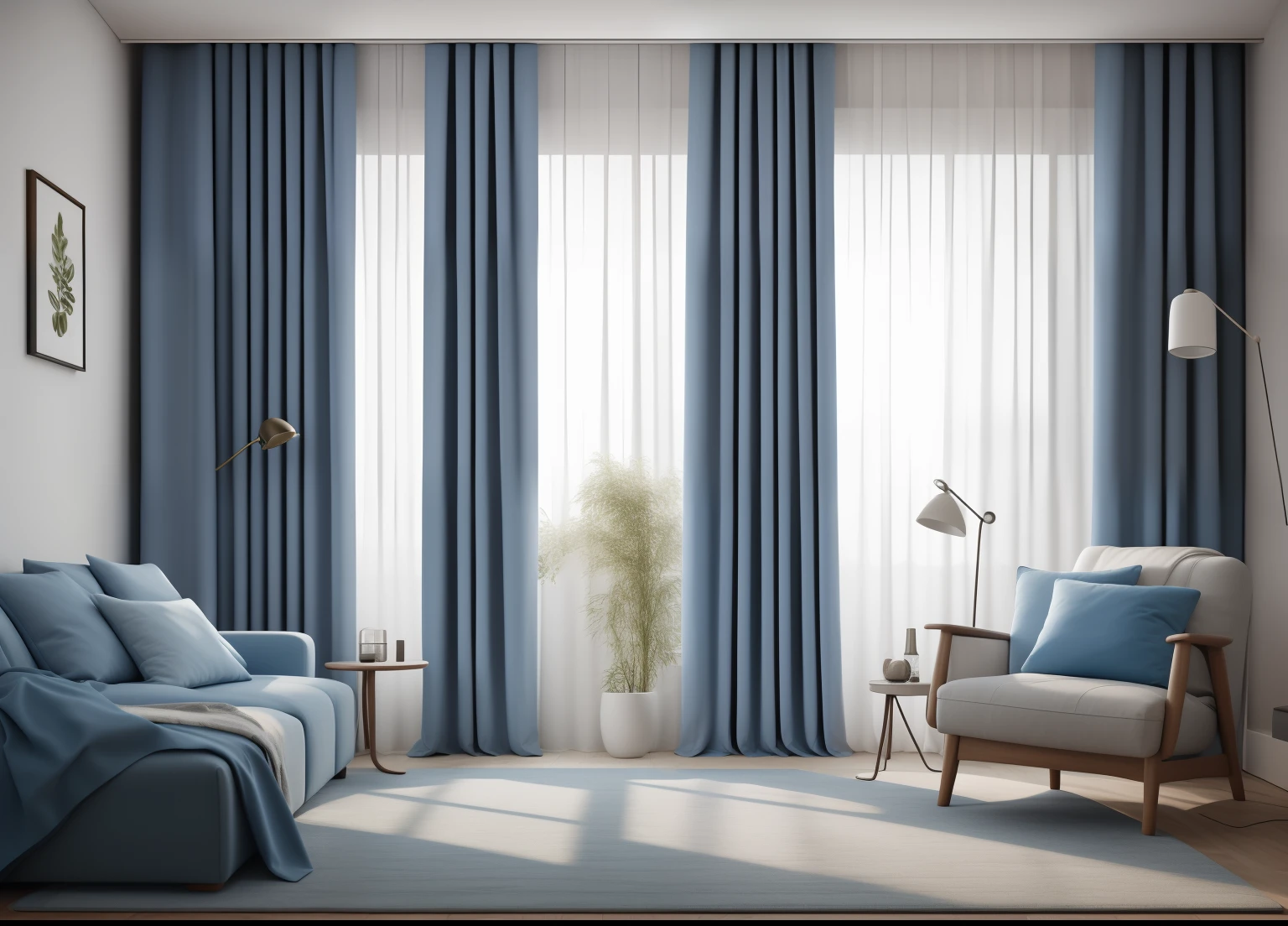 cozy room, thick curtains, large curtain, photo, blue curtains, interior, modern, (angled), (masterpiece),(high quality), best quality, real, (realistic), super detailed, (full detail),(4k),8k