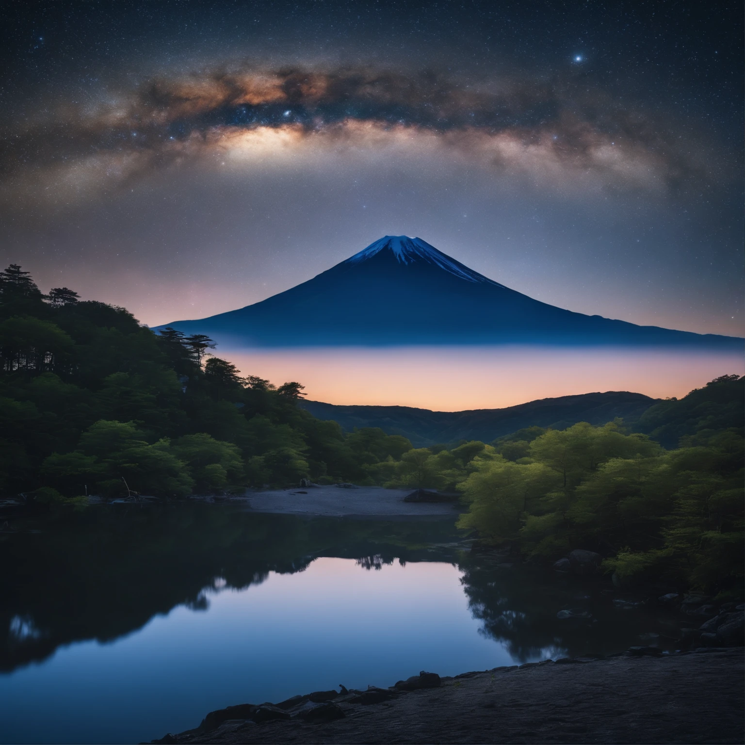 Master Parts、Superior Quality、superior image quality、The 8k quality、、Beautiful pictures of the starry sky、magnifica、Arched Milky Way:1.9、Mt fuji、Blue surface of the lake