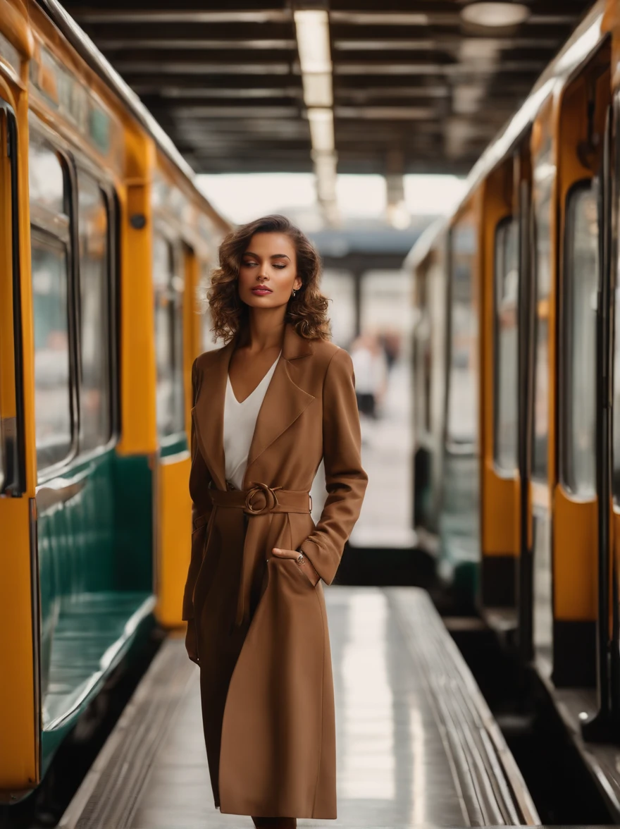 beautiful woman,long legs,stylish outfit,confident posture,glamorous makeup,subway train,morning rush hour,crowded platform,brightly lit station,modern architecture,reflective surfaces,metallic accents,polished floors,contemporary design,high ceilings,modern art installations,streaming natural light,soft ambient music,elegant atmosphere,lovely floral scent,serene and peaceful environment,calming colors and tones,luxurious feel,lively conversations,people-watching,expressive eyes,perfectly arched eyebrows,rosy cheeks,full and glossy lips,bouncy curls,captivating smile,attracting glances,grace and poise,intelligent and poised demeanor,(best quality,4k,8k,highres,masterpiece:1.2),ultra-detailed,(realistic,photorealistic,photo-realistic:1.37),fashion photography,urban chic,modern vibes,effortless style,classy and sophisticated,subtle yet confident,color-harmonized palette,dreamy lighting,soft shadows,subtle highlight