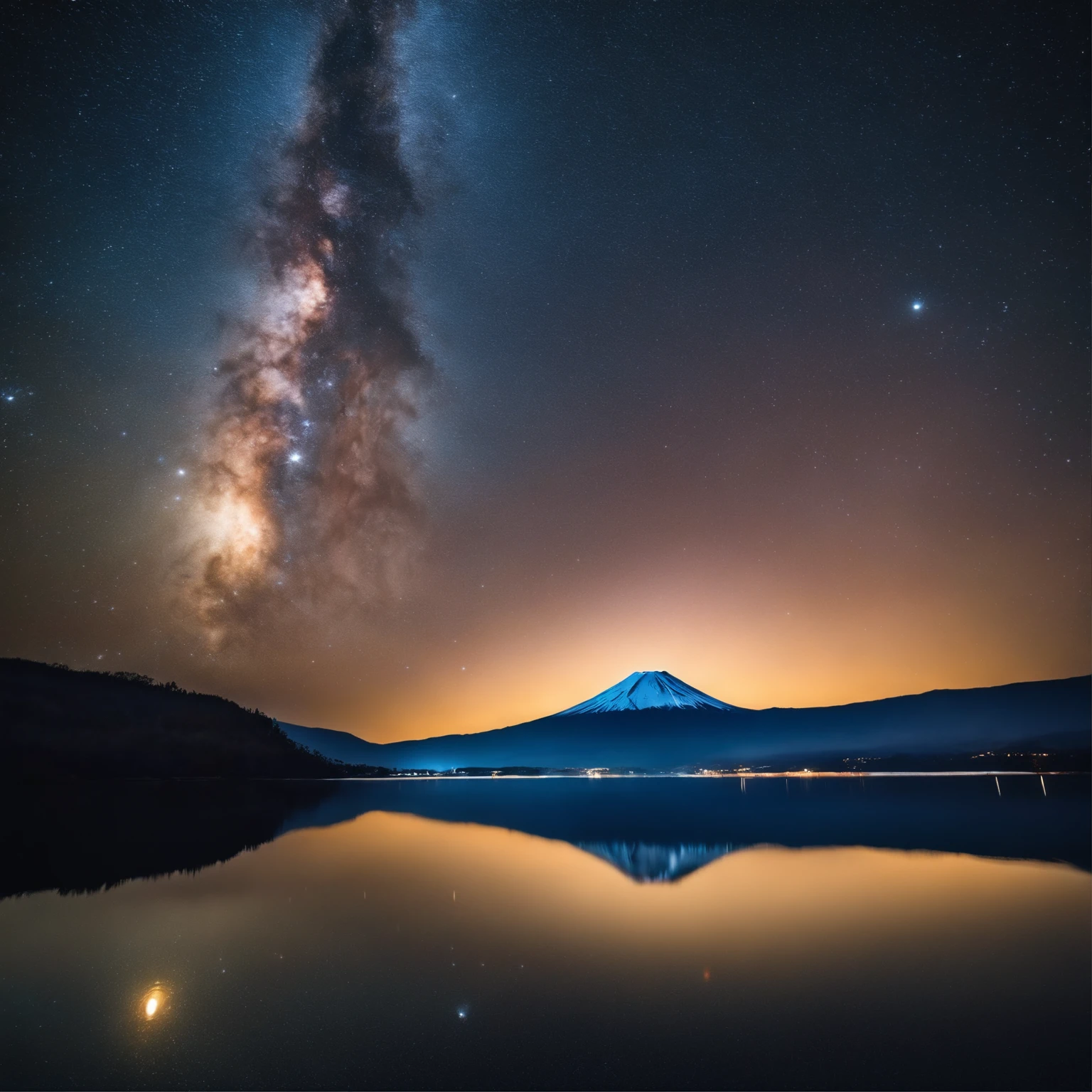 Master Parts、Superior Quality、superior image quality、The 8k quality、、Beautiful pictures of the starry sky、magnifica、Arched Milky Way:1.9、Mt fuji、Blue surface of the lake