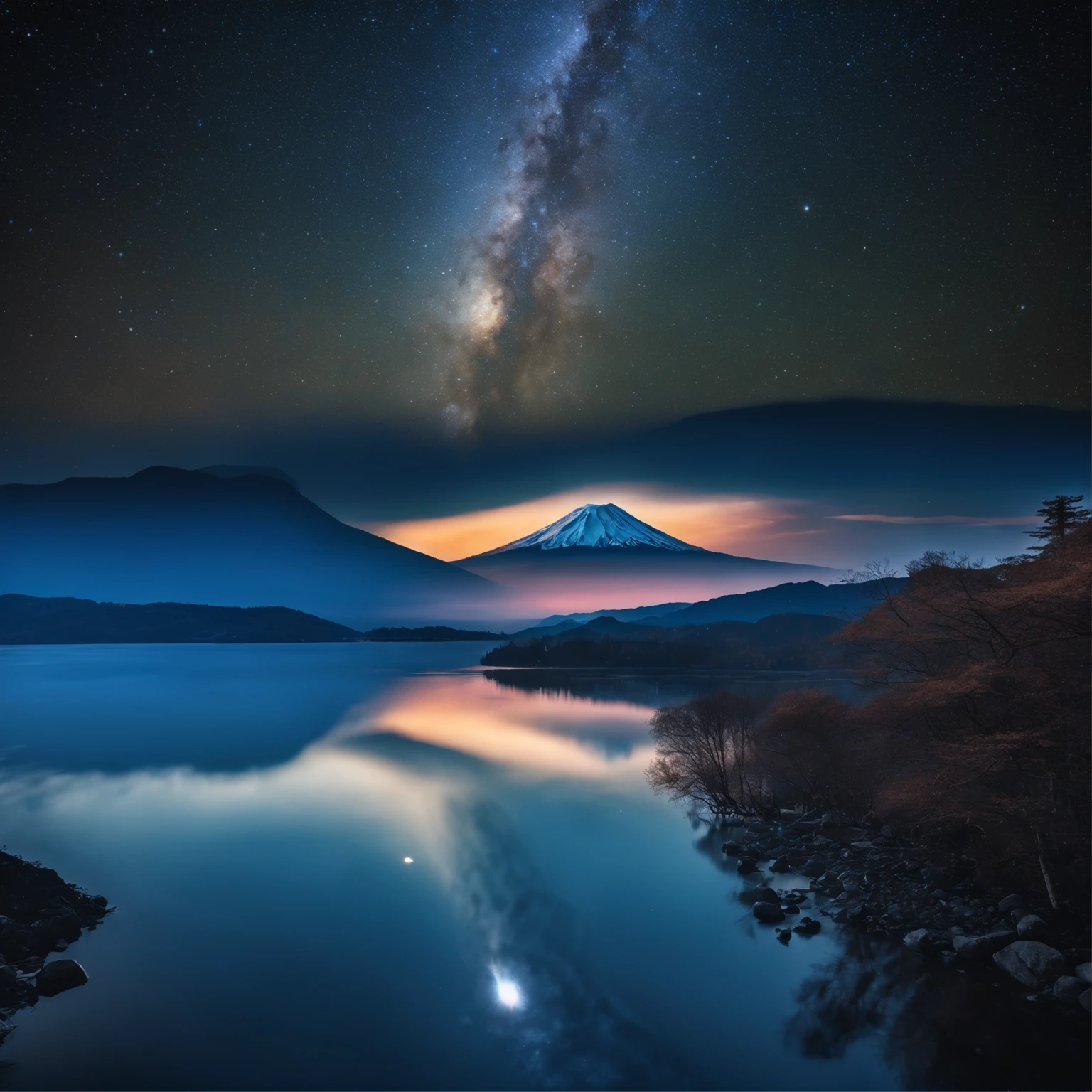 Master Parts、Superior Quality、superior image quality、The 8k quality、、Beautiful pictures of the starry sky、magnifica、Arched Milky Way:1.9、Mt fuji、Blue surface of the lake