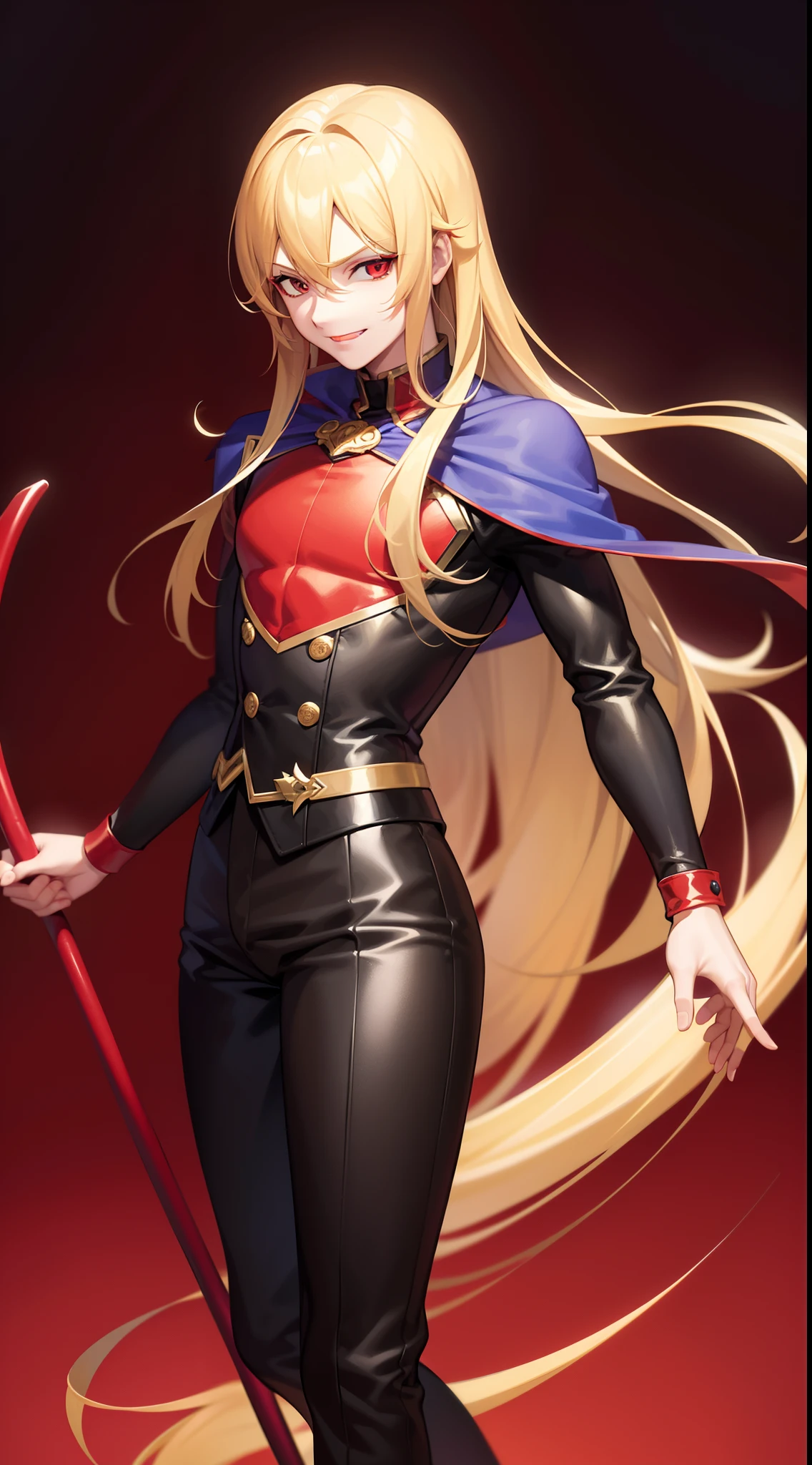 Young boy, Long blonde hair, heterohromia, smirk, red lipstick, red and yellow, red puffy shirt, black tight pants, dark purple cape, cane, Masterpiece, hiquality, higly detailed, HD, 4k