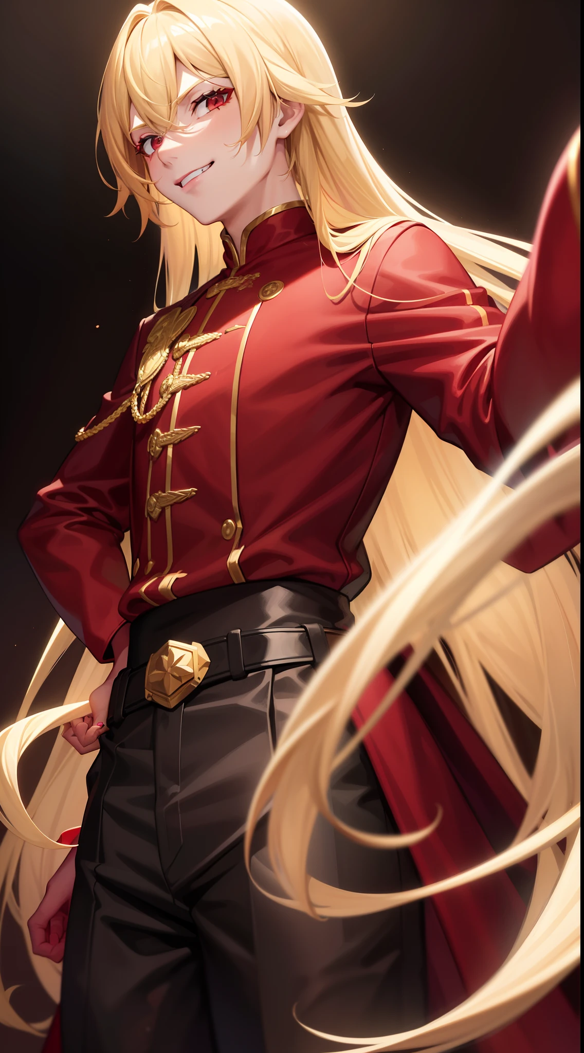 Young boy, Long blonde hair, heterohromia, smirk, red lipstick, red and yellow, red puffy shirt, black tight pants, dark purple cape, cane, Masterpiece, hiquality, higly detailed, HD, 4k