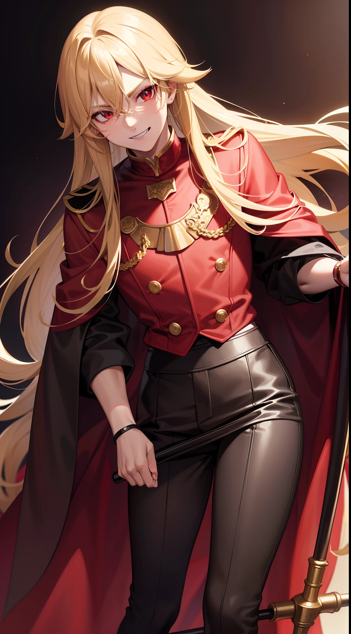 Young boy, Long blonde hair, heterohromia, smirk, red lipstick, red and yellow, red puffy shirt, black tight pants, dark purple cape, cane, Masterpiece, hiquality, higly detailed, HD, 4k