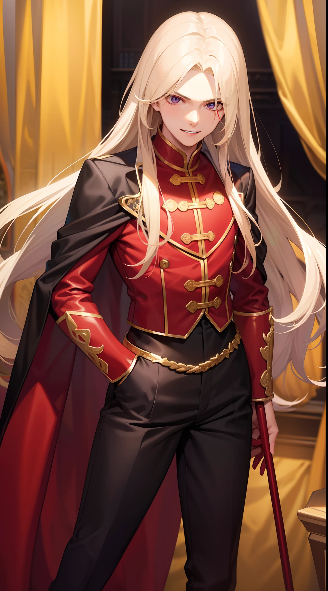 Young boy, Long blonde hair, heterohromia, smirk, red lipstick, red and yellow, red puffy shirt, black tight pants, dark purple cape, cane, Masterpiece, hiquality, higly detailed, HD, 4k