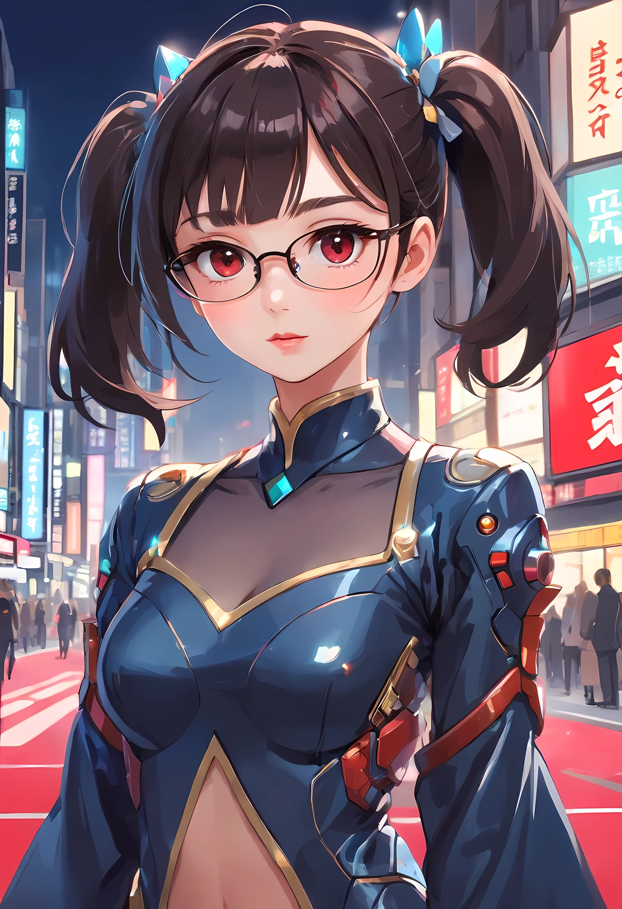 (1mecha girl:1.3, solo), (Audrey Hepburn:1.3), (a extremely pretty and beautiful Japanese cyborg girl), (sexy girl), (professional attire:1.3), (22 years old: 1.1), (walking on red carpet:1.3), (attractive random posing:1.3), (in the night royal party:1.3), (looking straight at you:1.3), (starring at you:1.3), (front view:1.3), (from side:1.3), break, (ponytail:1.3), (shiny-black thin hair:1.2), bangs, dark brown eyes, beautiful eyes, princess eyes, (big eyes:1.3), bangs, wearing a glasses:1.3, Hair between eyes, short hair:1.3, (slender:1.1), (small-medium-breasts:0.95), (thin waist: 1.15), (detailed beautiful girl: 1.4), Parted lips, Red lips, full-make-up face, (shiny skin), ((Perfect Female Body)), (cowboy shot:1.3), Perfect Anatomy, Perfect Proportions, (most beautiful Korean actress face:1.3, extremely cute and beautiful Japanese actress face:1.3), BREAK, (View viewer, wearing a lovely bitch cordinate, (insanely detailed cyborg bodysuit:1.3), (blue mechanical armor:1.3), (pin-heels:1.3), detailed clothes, BREAK, (detailed royal night party background:1.2), (dark background), (Studio soft lighting: 1.3), (fake lights: 1.3), (backlight: 1.3), BREAK, (Realistic, Photorealistic: 1.37), (Masterpiece, Best Quality: 1.2), (Ultra High Resolution: 1.2), (RAW Photo: 1.2), (Sharp Focus: 1.3), (Face Focus: 1.2), (Ultra Detailed CG Unified 8k Wallpaper: 1.2), (Beautiful Skin: 1.2), (pale Skin: 1.3), (Hyper Sharp Focus: 1.5), (Ultra Sharp Focus: 1.5), (Beautiful pretty face: 1.3), (super detailed background, detail background: 1.3), Ultra Realistic Photo, Hyper Sharp Image, Hyper Detail Image,