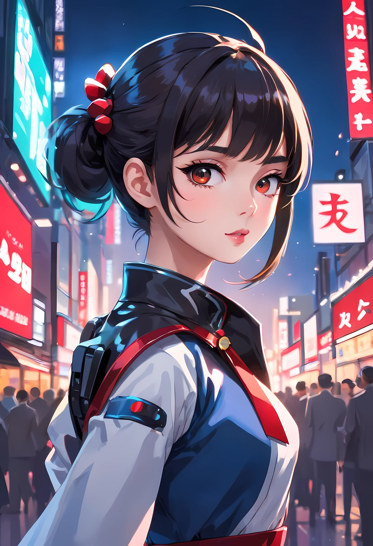 (1mecha girl:1.3, solo), (Audrey Hepburn:1.3), (a extremely pretty and beautiful Japanese cyborg girl), (sexy girl), (professional attire:1.3), (22 years old: 1.1), (walking on red carpet:1.3), (attractive random posing:1.3), (in the night royal party:1.3), (looking straight at you:1.3), (starring at you:1.3), (front view:1.3), (from side:1.3), break, (ponytail:1.3), (shiny-black thin hair:1.2), bangs, dark brown eyes, beautiful eyes, princess eyes, (big eyes:1.3), bangs, wearing a glasses:1.3, Hair between eyes, short hair:1.3, (slender:1.1), (small-medium-breasts:0.95), (thin waist: 1.15), (detailed beautiful girl: 1.4), Parted lips, Red lips, full-make-up face, (shiny skin), ((Perfect Female Body)), (cowboy shot:1.3), Perfect Anatomy, Perfect Proportions, (most beautiful Korean actress face:1.3, extremely cute and beautiful Japanese actress face:1.3), BREAK, (View viewer, wearing a lovely bitch cordinate, (insanely detailed cyborg bodysuit:1.3), (blue mechanical armor:1.3), (pin-heels:1.3), detailed clothes, BREAK, (detailed royal night party background:1.2), (dark background), (Studio soft lighting: 1.3), (fake lights: 1.3), (backlight: 1.3), BREAK, (Realistic, Photorealistic: 1.37), (Masterpiece, Best Quality: 1.2), (Ultra High Resolution: 1.2), (RAW Photo: 1.2), (Sharp Focus: 1.3), (Face Focus: 1.2), (Ultra Detailed CG Unified 8k Wallpaper: 1.2), (Beautiful Skin: 1.2), (pale Skin: 1.3), (Hyper Sharp Focus: 1.5), (Ultra Sharp Focus: 1.5), (Beautiful pretty face: 1.3), (super detailed background, detail background: 1.3), Ultra Realistic Photo, Hyper Sharp Image, Hyper Detail Image,