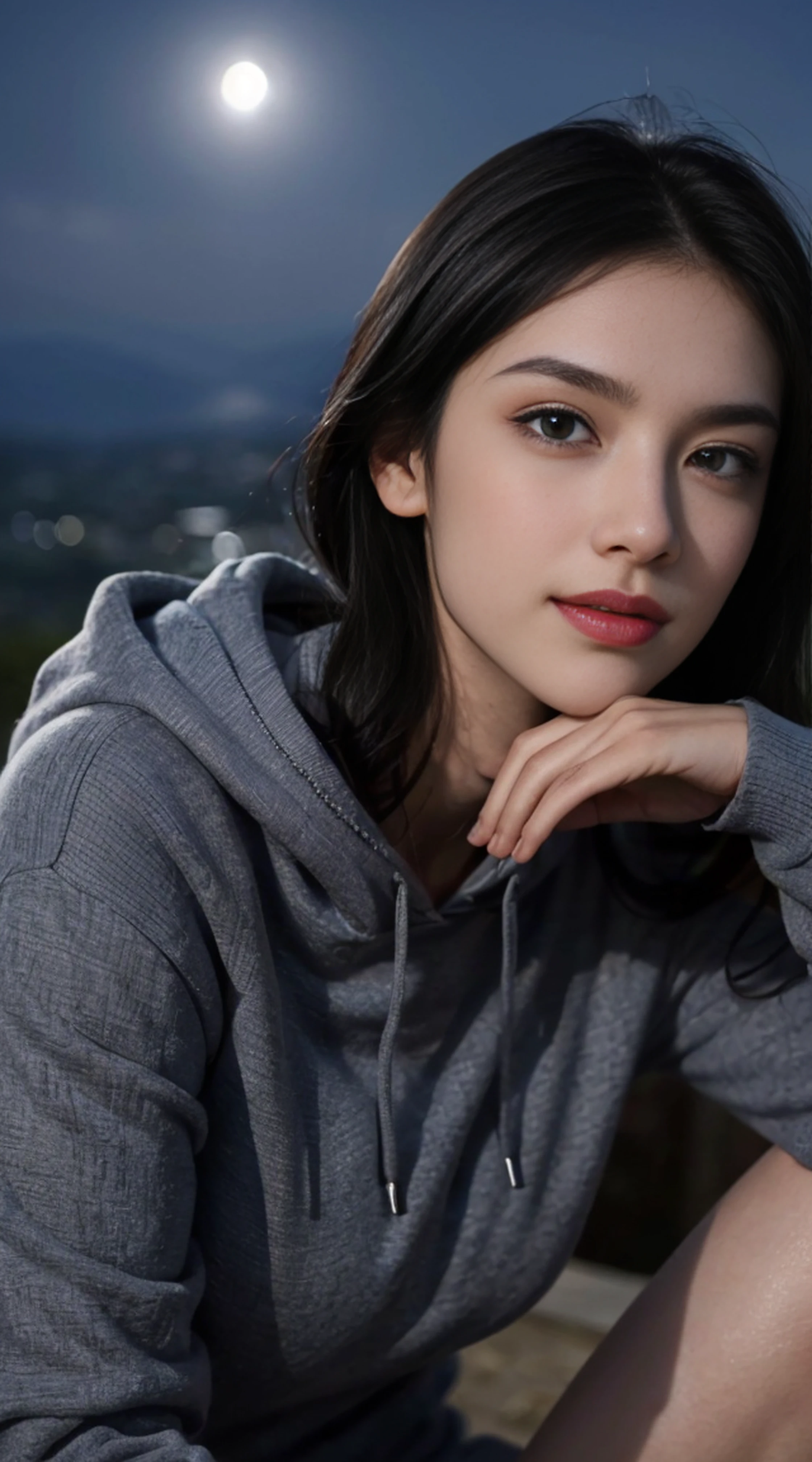8K, Top Quality, Intricate Details, Ultra Detail, Ultra High Resolution, Masterpiece, random angle, Slender, Smile, (Makeup: 0.4), (Fluffy Blue Eyes: 1.21), blue Eyes,, ((full body)), 1girl, solo, 1 girl, (( full body)), close-up shot, open leg, ((tall)), (((fit body))), (((slim face))), sharp face, sharp eyes, (((black hair, long hair, )) (detailed face), sharp face, small lips, thin lips, tits ,
(( hoodie)), underboobs, detailed face, detailed breast, , large breast, detail, , Beautiful girl with accentuated slender abs: 1.4, Six Pack Abs: 1.4, Bust Botox, Big, Perfect Body, detail leg, (( moonlight)), top of mountain