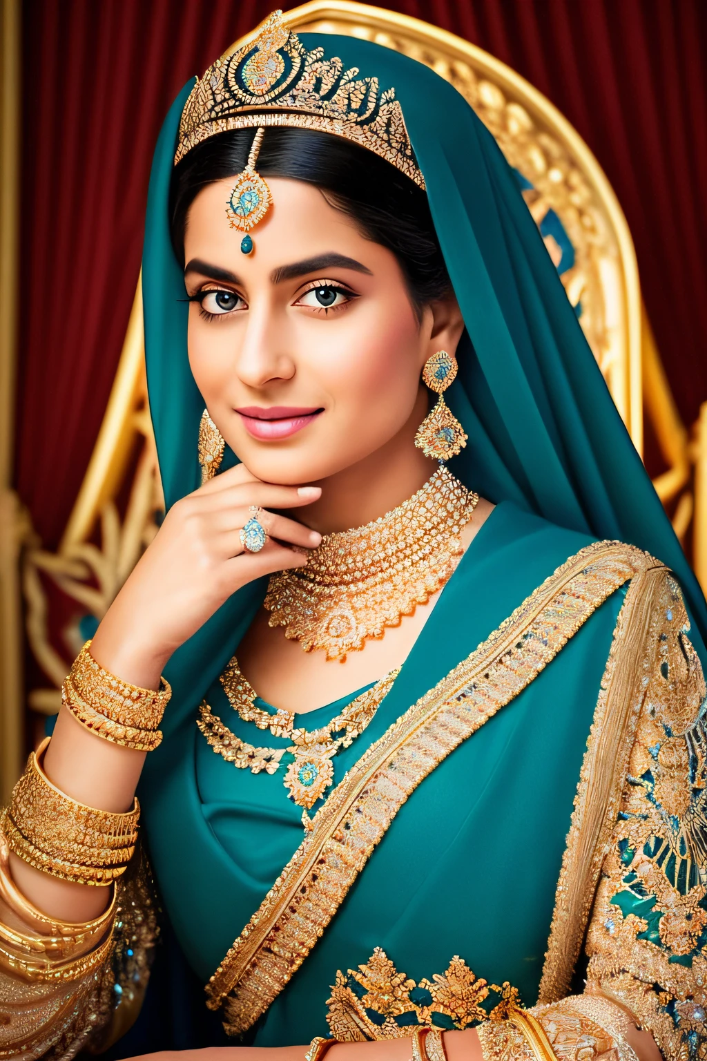 (highres,photorealistic) A beautiful woman, the queen of Arabia, sits on a majestic throne. She is dressed in a glamorous blue dress that radiates elegance and luxury. Her stunning black hair cascades down her shoulders, highlighting the intricate details of the curls. Her eyes are exquisitely detailed, with long lashes that accentuate her captivating gaze. Her lips are equally detailed, with a subtle hint of color adding to their allure.
The queen is adorned with minimalist jewelry, enhancing her regal appearance. She wears delicate earrings and a necklace that perfectly complement her attire. The hijab she wears is beautifully draped, adding a touch of tradition to her modern styling.
The image exudes the highest quality and attention to detail, allowing for an ultra-detailed rendering of the queen. The colors are vivid and rich, bringing the scene to life. The lighting is expertly crafted, emphasizing the queen's radiance and creating subtle shadows that enhance the depth of the image. The overall effect is a masterpiece that showcases the beauty and grace of the queen of Arabia.