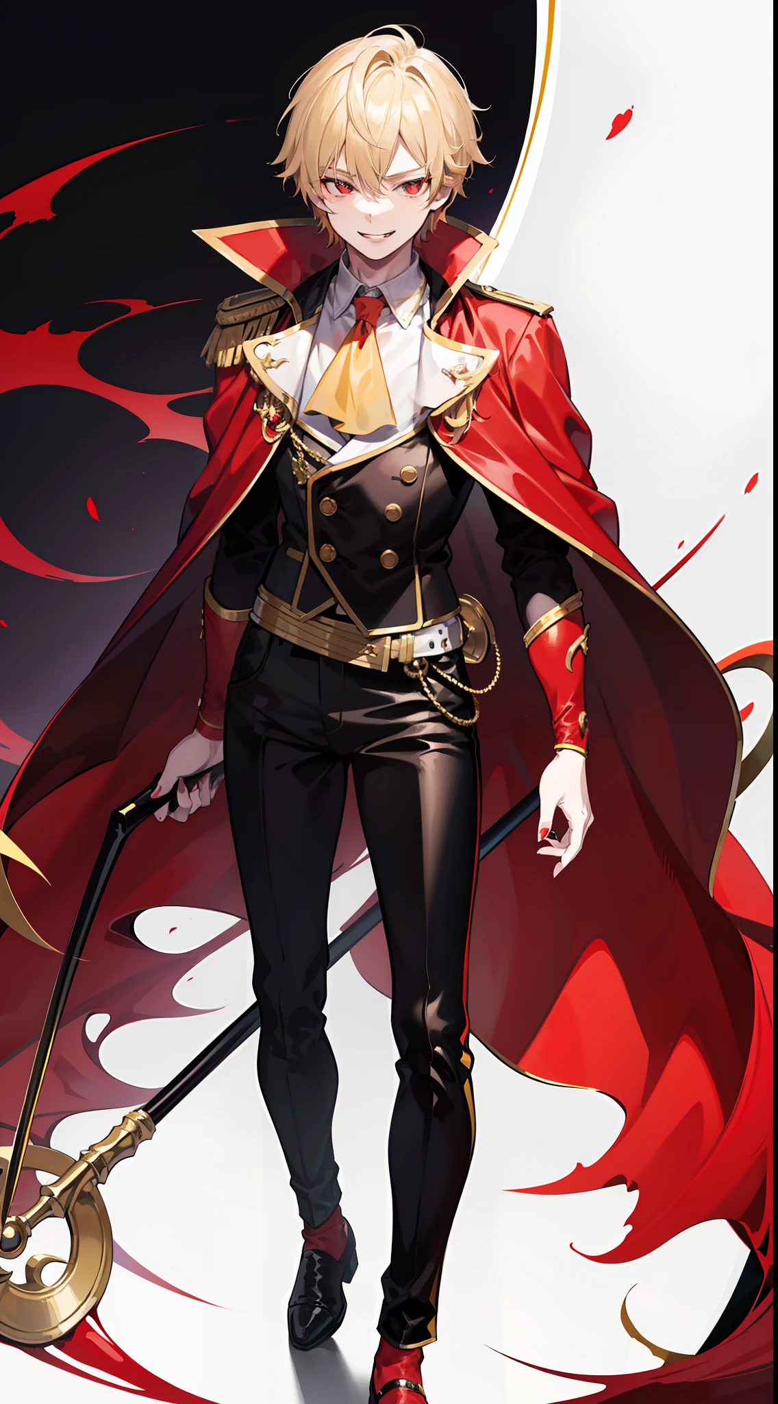 young boy, longue blonde hair, Heteroromy, smirk, red lipstick, red and yellow, red fluffy shirt, black tight pants, Dark purple cape, cane, Masterpiece, hiquality, higly detailed, HD, 4k