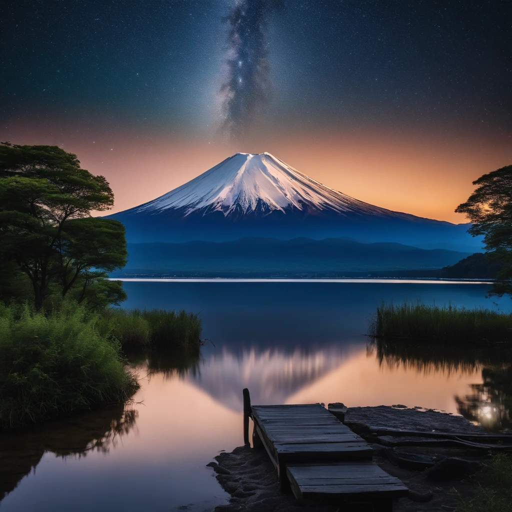 Master Parts、Superior Quality、superior image quality、The 8k quality、、Beautiful pictures of the starry sky、magnifica、Arched Milky Way:1.9、Mt fuji、Blue surface of the lake