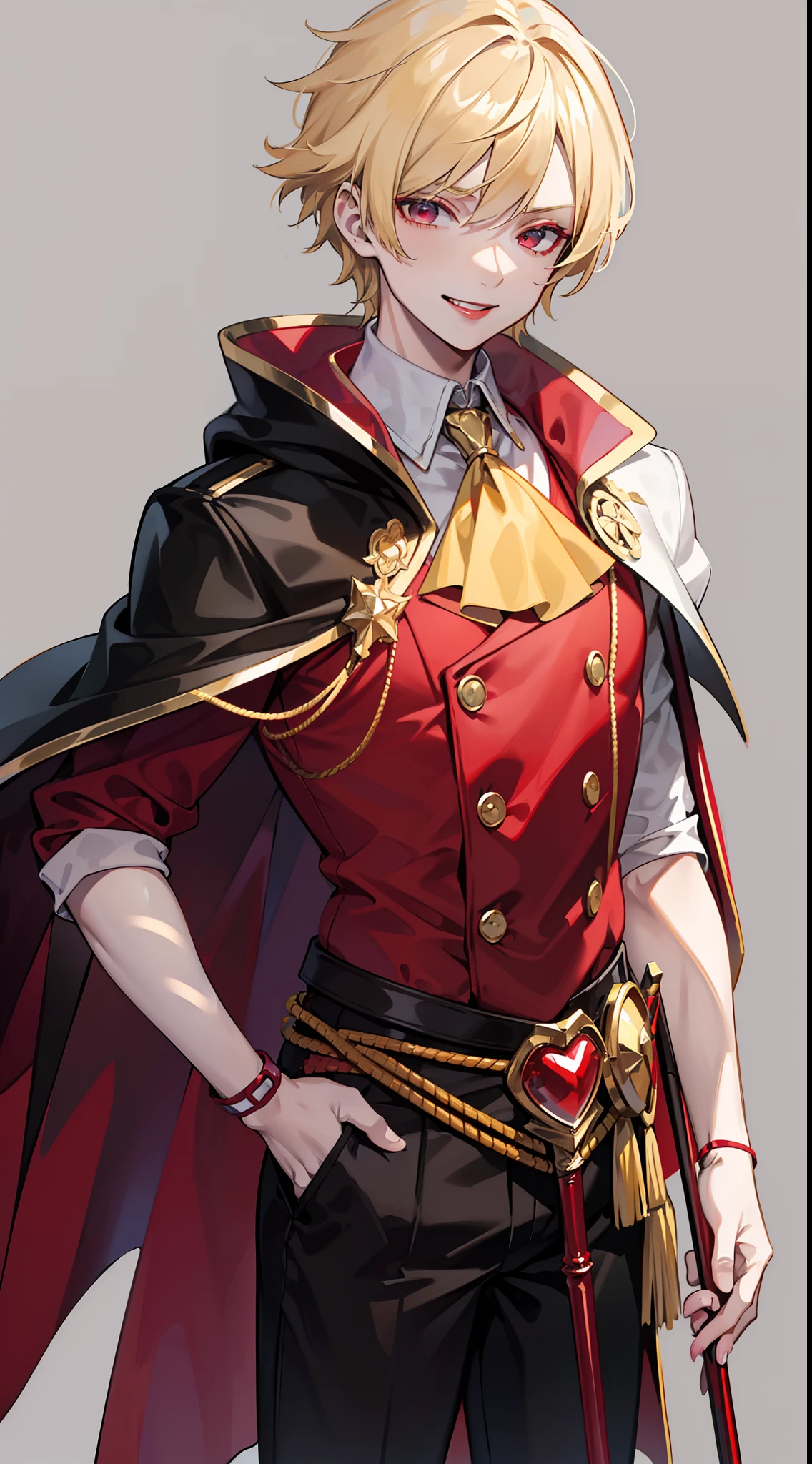 young boy, longue blonde hair, Heteroromy, smirk, red lipstick, red and yellow, red fluffy shirt, black tight pants, Dark purple cape, cane, Masterpiece, hiquality, higly detailed, HD, 4k