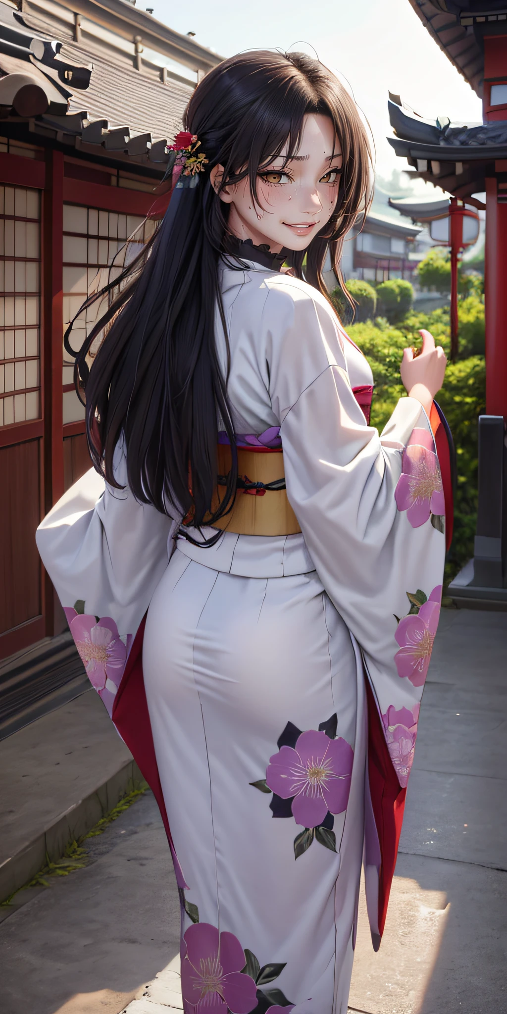 kimono, japanese_clothes, 1girl, floral_print, long_hair, solo, sash, looking_at_viewer, obi, black_hair, looking_back, outdoors, standing, bangs, building, day, red_kimono, from_behind, east_asian_architecture, wide_sleeves, architecture, lips, purple_eyes