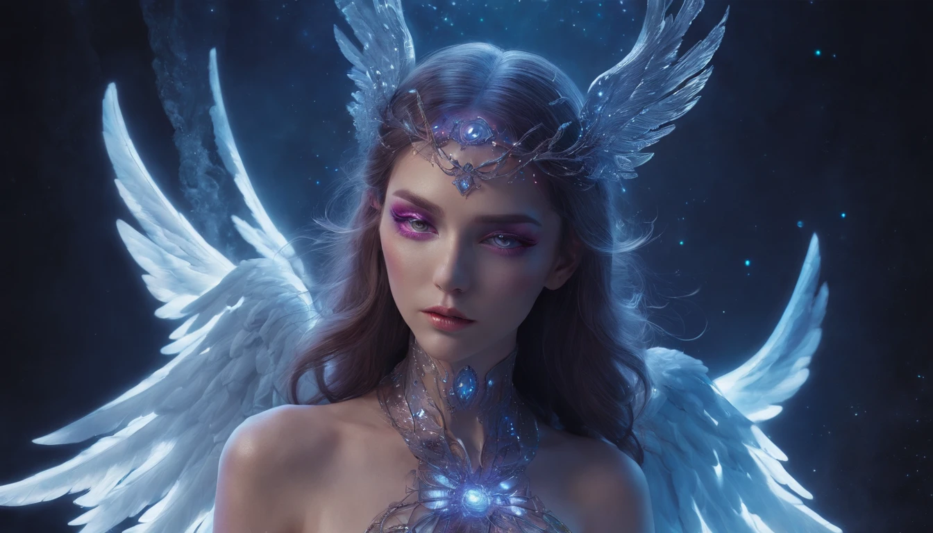 Cosmic Fallen Angel, glowing light eyes, Delicate and beautiful face，Bigchest，Biomechanical, eerie, Dream-like, Very bright colors, Light particles, with light glowing, Lucifer, wallpaper art, UHD wallpaper