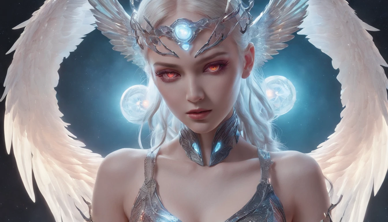 Cosmic Fallen Angel, glowing light eyes, Delicate and beautiful face，Bigchest，Biomechanical, eerie, Dream-like, Very bright colors, Light particles, with light glowing, Lucifer, wallpaper art, UHD wallpaper