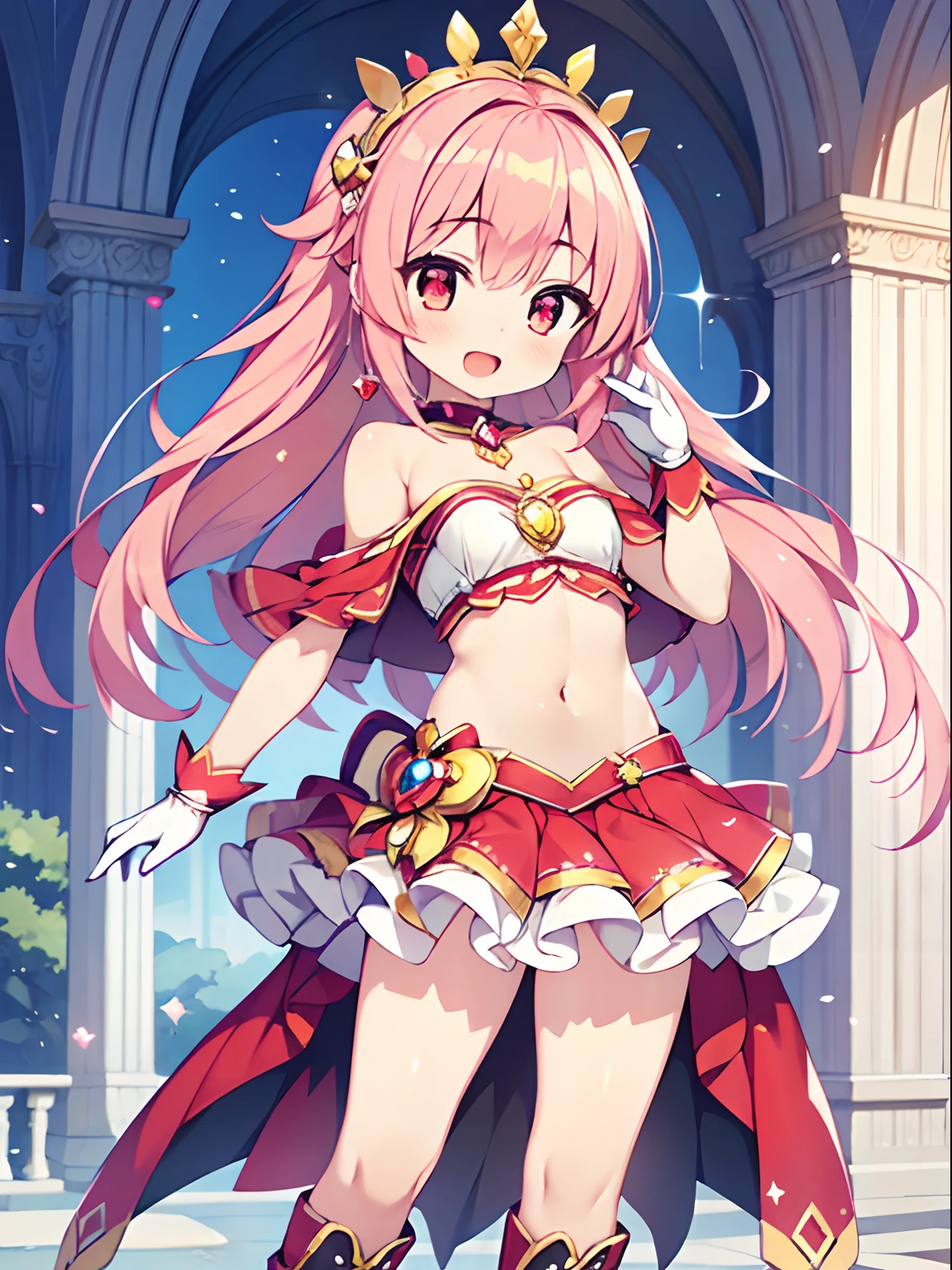 Highly detailed and realistic CG, Colorful , masutepiece, Best Quality, 1girl, pink hair, shiny hair, long hair, red eyes, shiny eyes, seductive smile, skinny legs, contrapposto, standing, open mouth, loli, petite, child, Bulging breasts, magicalgirl costume, magical boots, magical gloves, magical headdress, magical tube top tee, magical miniskirt, navel, off shoulder, strapless,