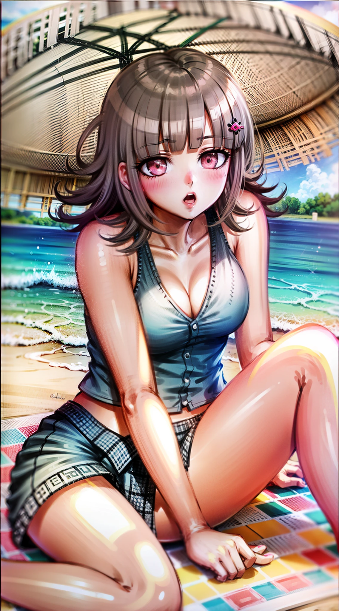 Chiaki Nanami at the beach, sitting on a beach towel, wearing a green bikini, Masterpiece, Best Quality