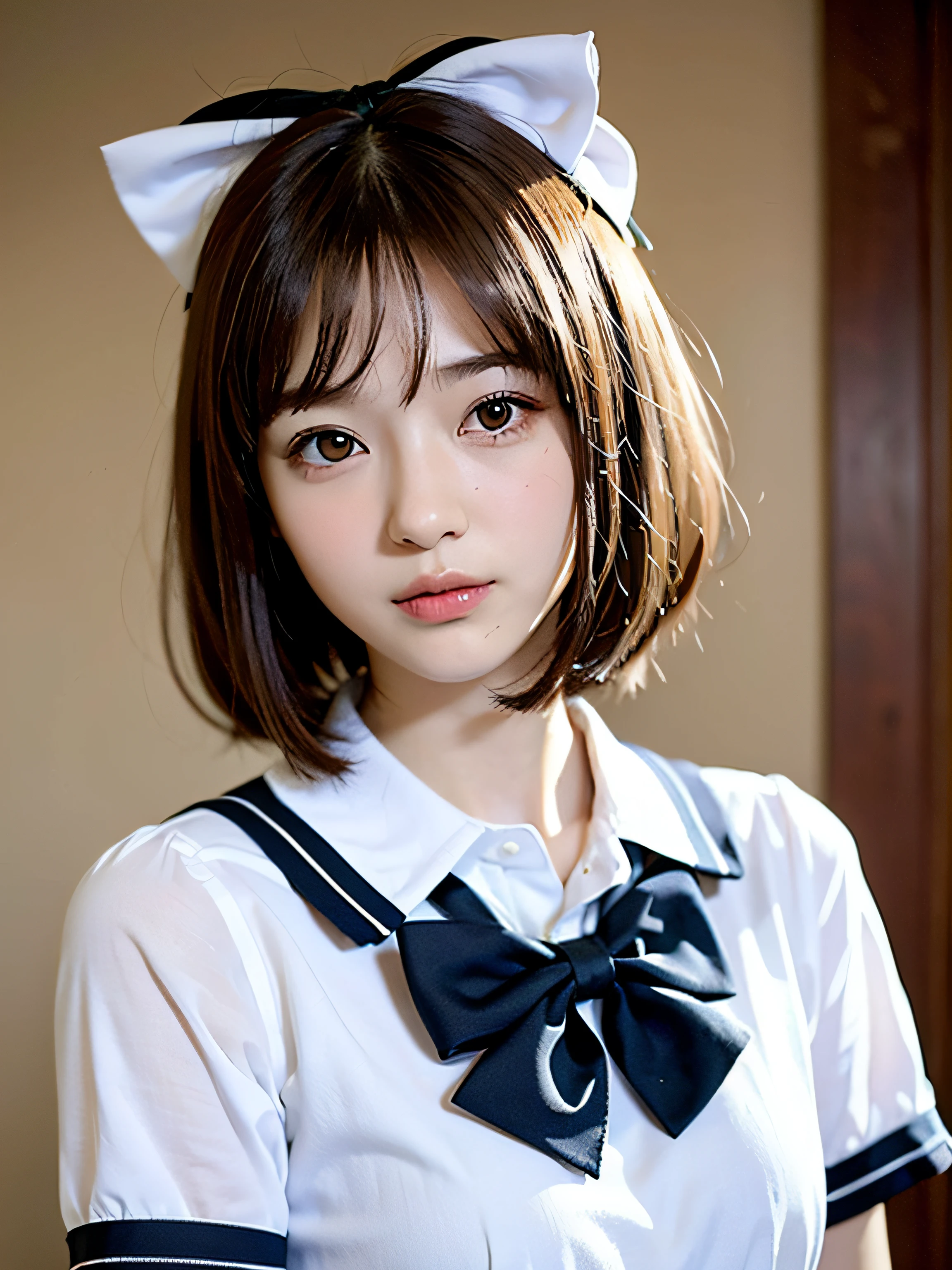 (Extremely delicate and beautiful: 1.2), 1girl in,  Bangs, Pretty eyes, Bow, Brown hair, Closed mouth, Sideways, hair between eye, Hair Bow, Short sleeves, Looking at the viewer, Medium Hair, Solo, Upper body, School uniform: 1.3, ((Solo)), (masutepiece),